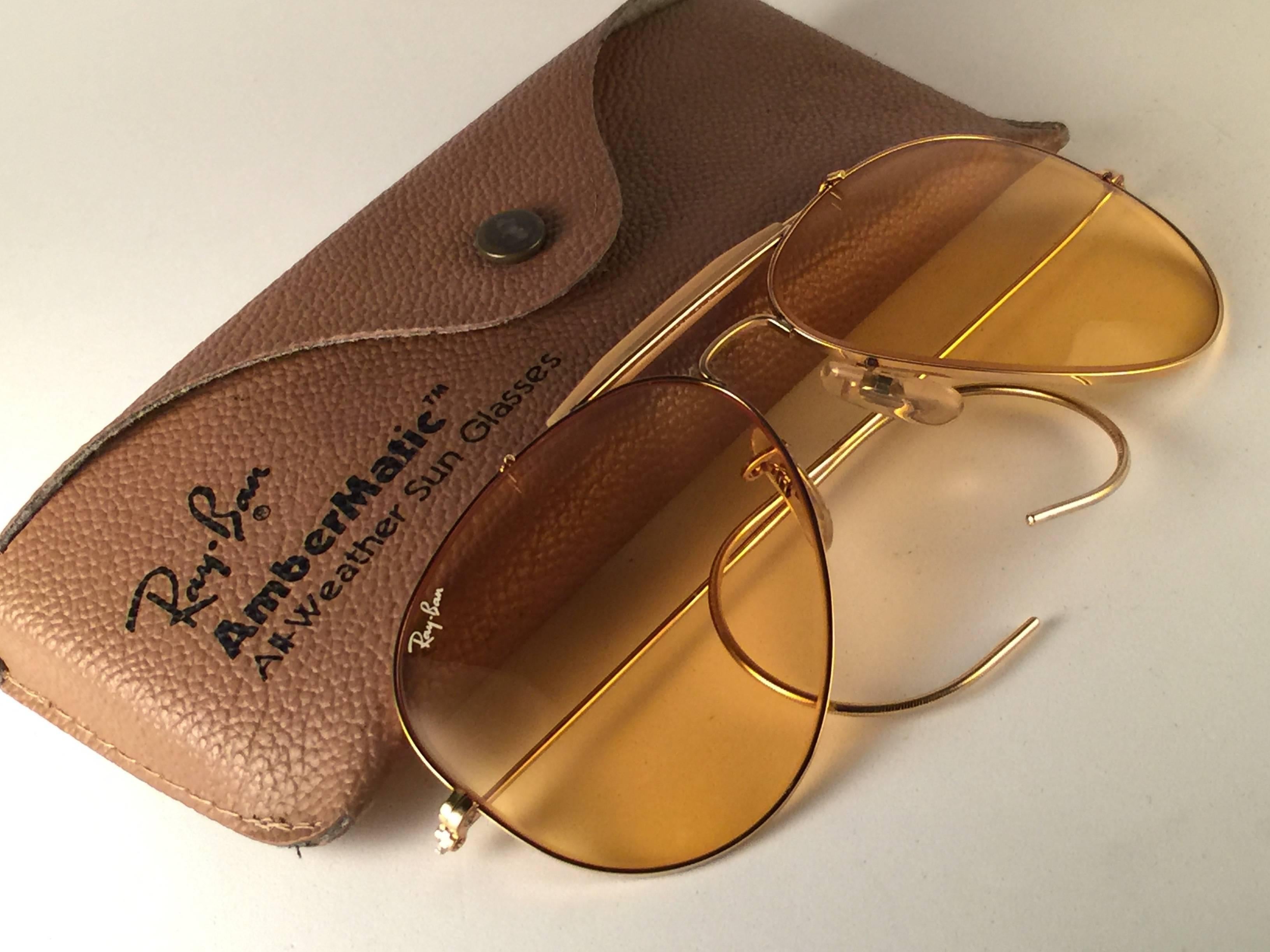 Marron Nouveau Vintage Ray Ban Aviator Gold Ambermatic 62Mm 1970's B&L Lunettes de soleil