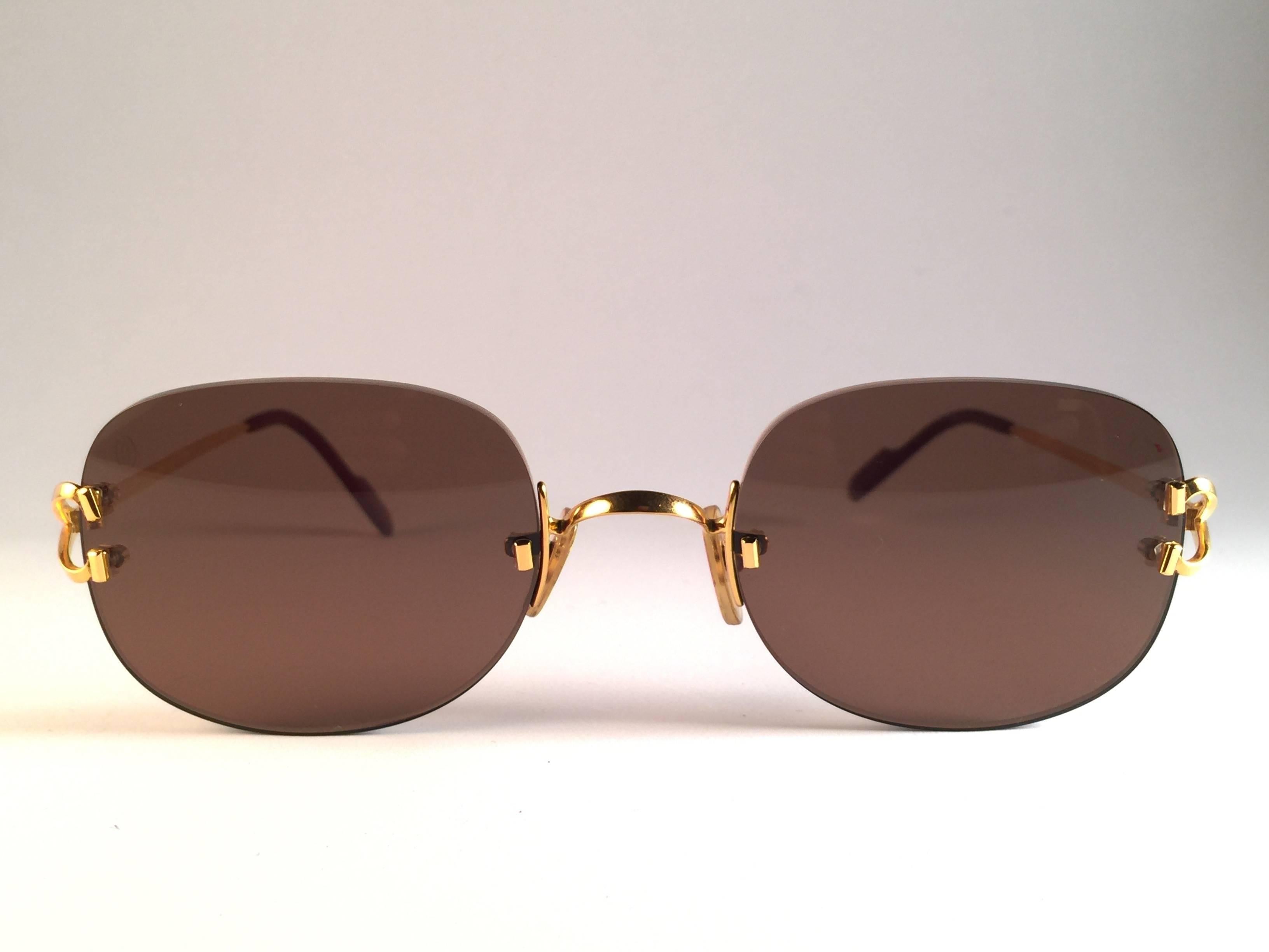 Women's or Men's New Cartier Serrano Rimless Gold 55mm Brown Lens France Sunglasses