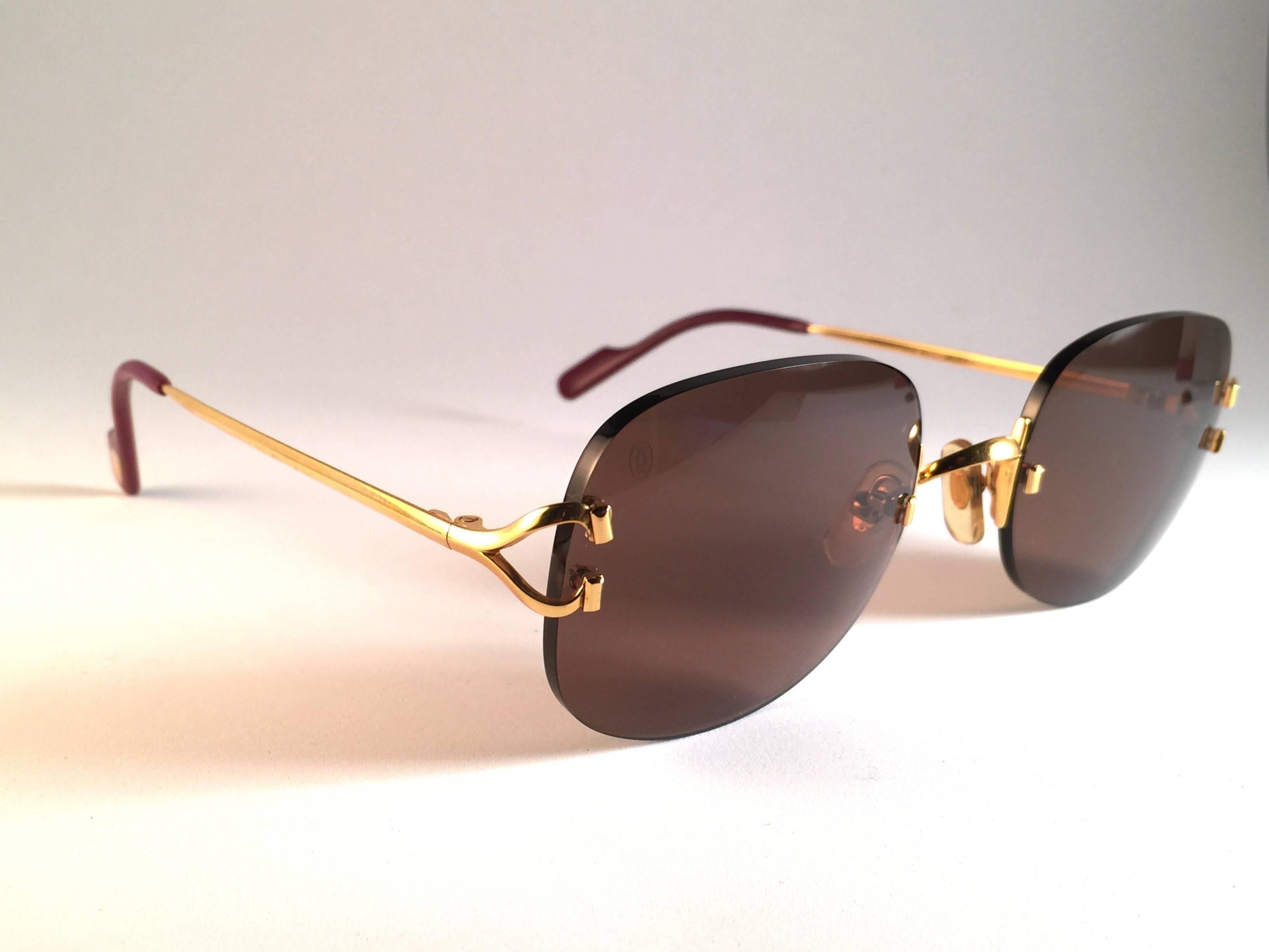 New Cartier Serrano Rimless Gold 55mm Brown Lens France Sunglasses 1