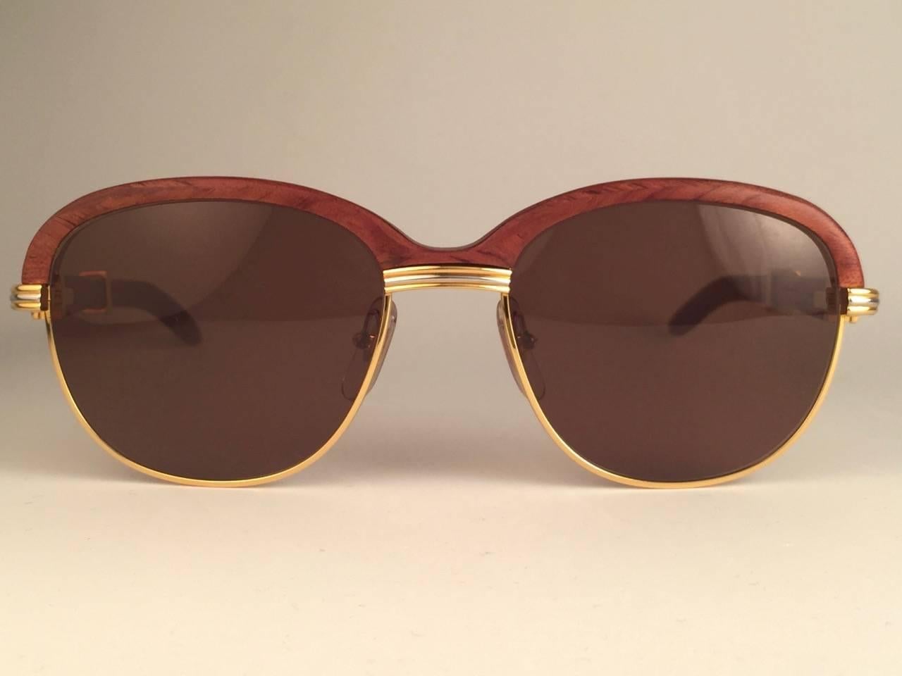 Brown New Cartier Wood Malmaison Precious Wood Palisander and Gold 54mm Sunglasses