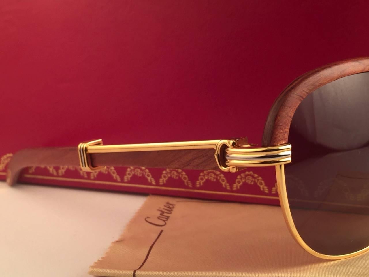 Women's or Men's New Cartier Wood Malmaison Precious Wood Palisander and Gold 54mm Sunglasses