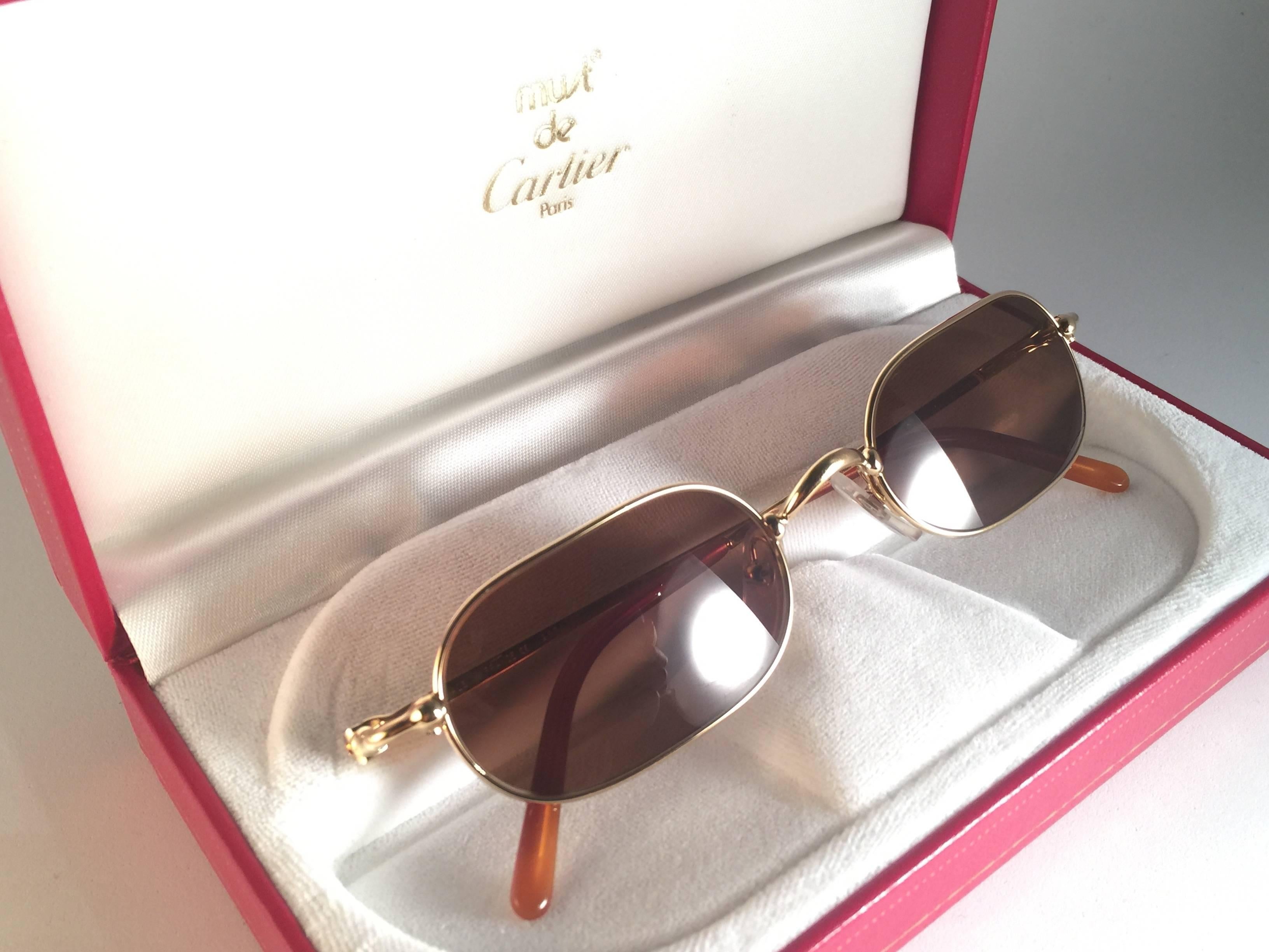 Women's or Men's New Vintage Cartier Orfy Gold Plated Solid Brown Lens France 1990 Sunglasses