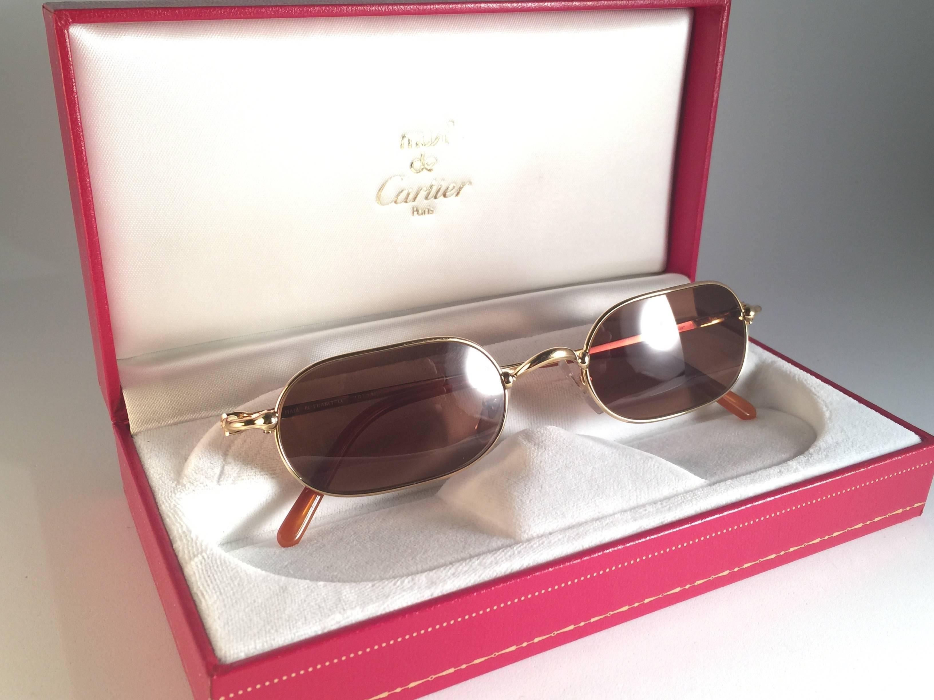 New Vintage Cartier Orfy Gold Plated Solid Brown Lens France 1990 Sunglasses 1