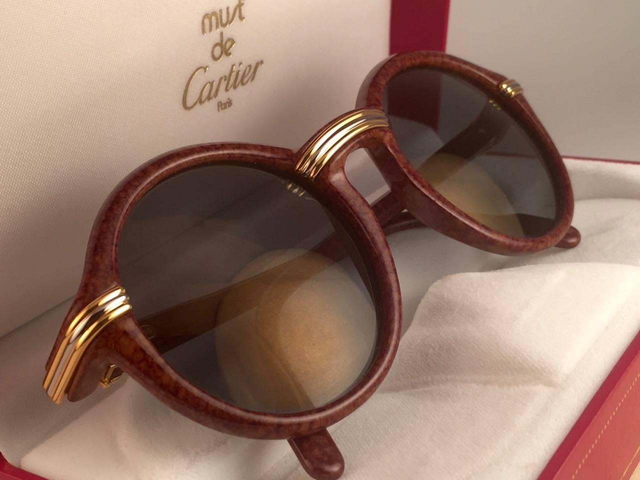 New Cartier Cabriolet Round Brown 52MM 18K Gold Sunglasses France 1990's 1