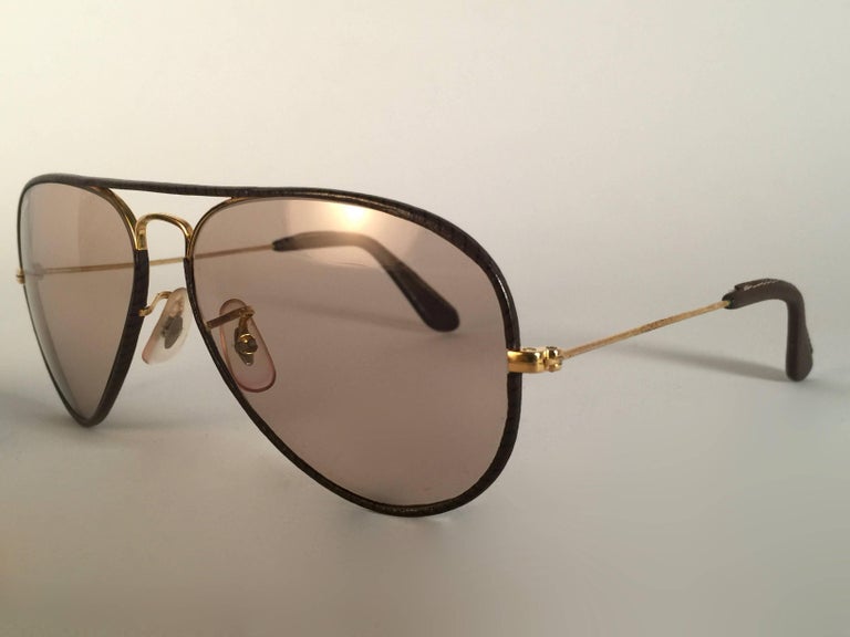 New Vintage Ray Ban Leathers Aviator Tobacco Leather 58' B&L Sunglasses