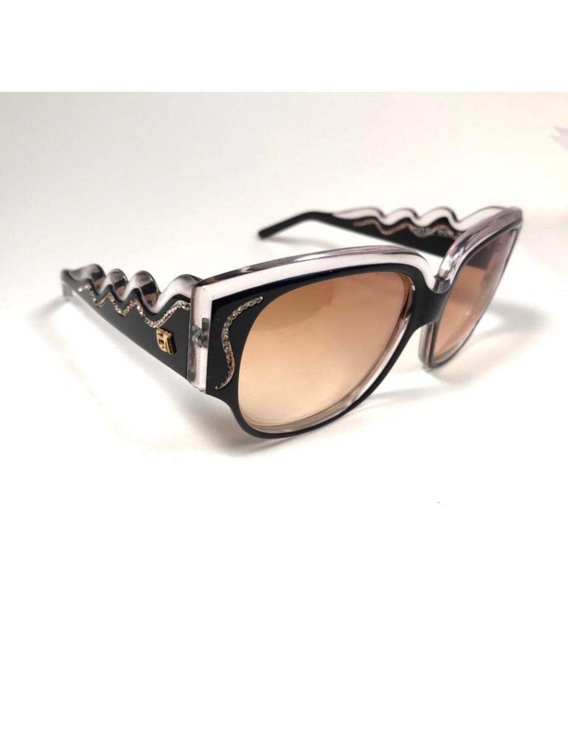 Brown New Vintage Emanuelle Kahn Paris Rhinestones Accents Black Sunglasses France