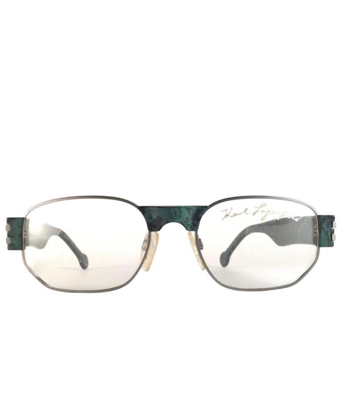 Beige New Vintage Karl Lagerfeld Marbled Green Reading RX Frame 1990's Sunglasses For Sale