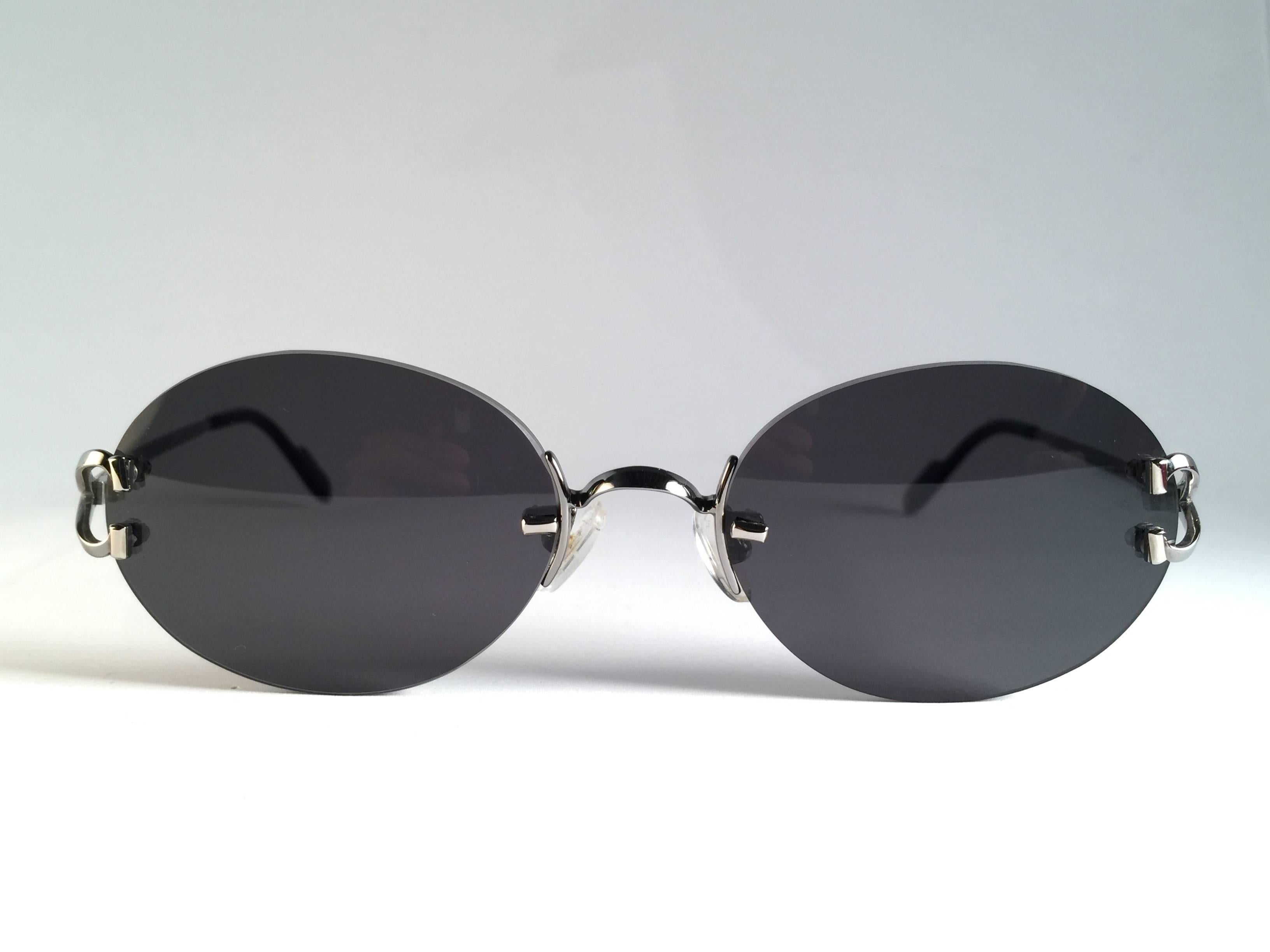 Beige New Vintage Cartier Scala 52mm Platine Rimless Grey Lens Case France Sunglasses