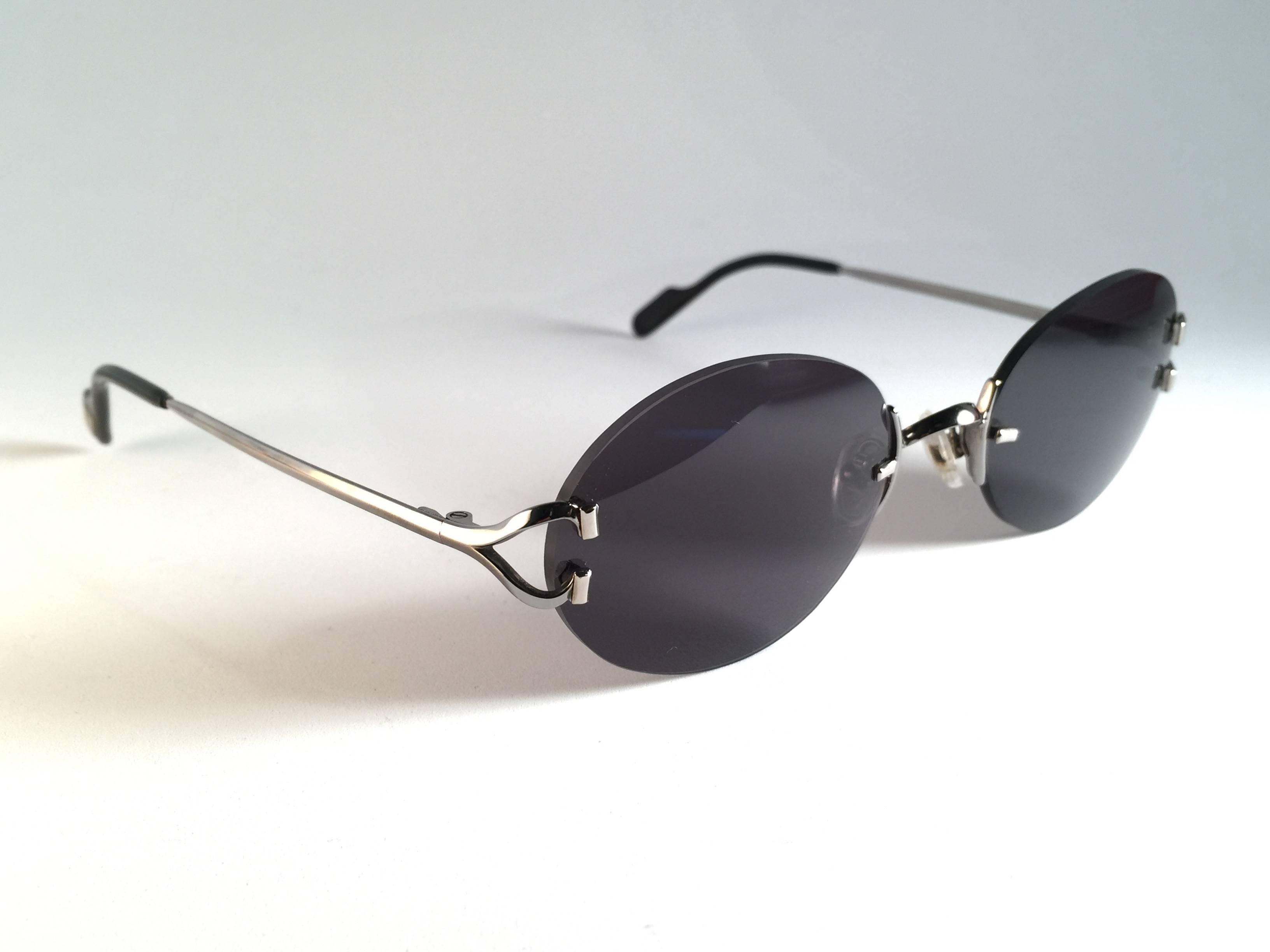 Women's or Men's New Vintage Cartier Scala 52mm Platine Rimless Grey Lens Case France Sunglasses
