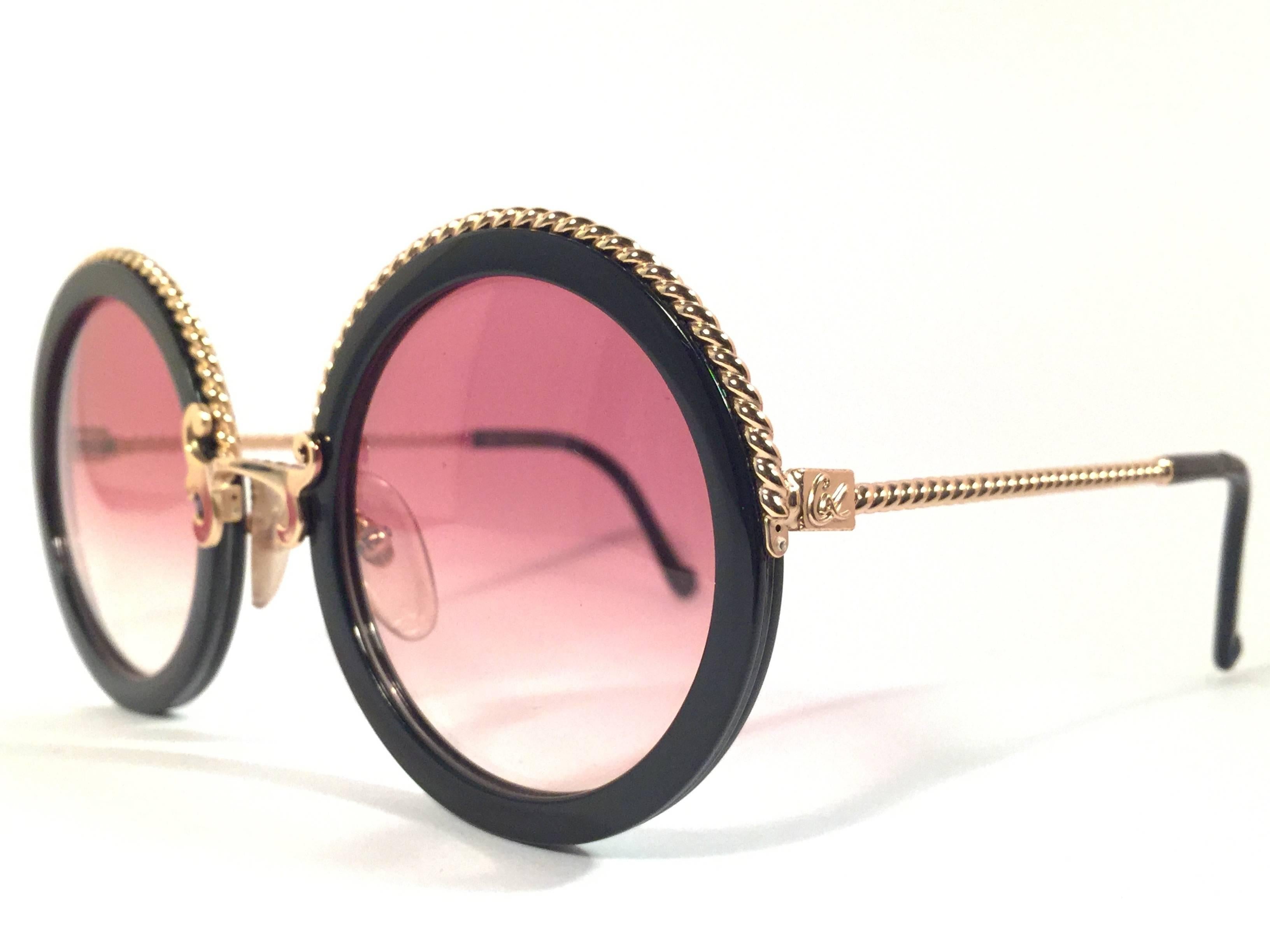 Pink New Vintage Christian Lacroix Round Black Gold Accents 1980 France Sunglasses