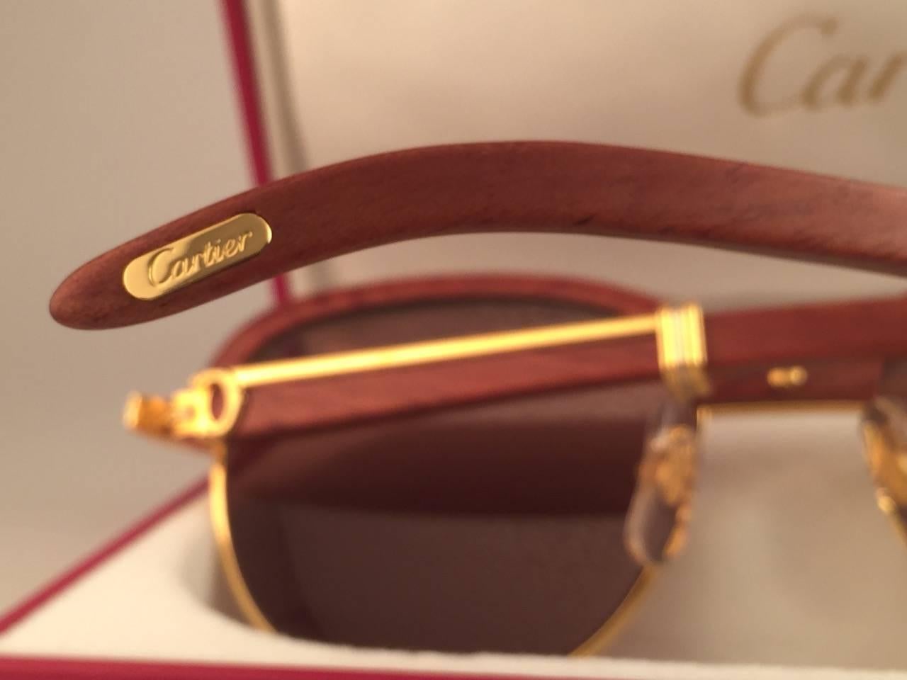 New Cartier Wood Malmaison Precious Wood Palisander and Gold 56mm Sunglasses  2