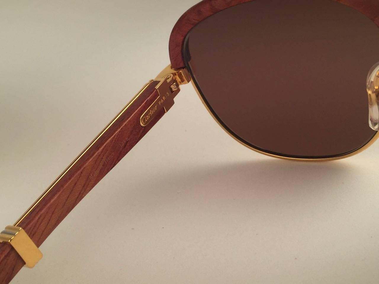 Women's or Men's New Cartier Wood Malmaison Precious Wood Palisander and Gold 56mm Sunglasses 