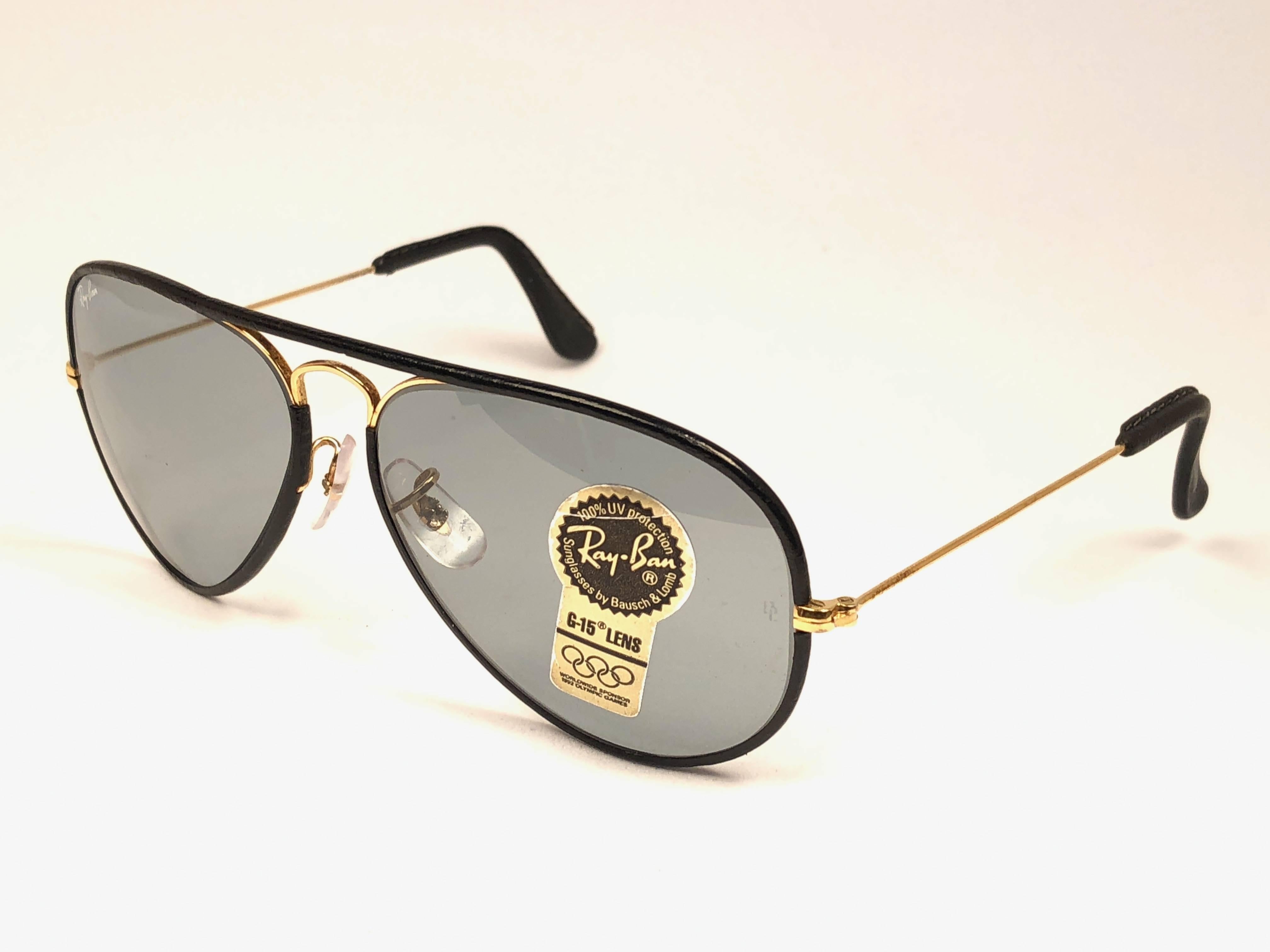 New Vintage Ray Ban Leathers Aviator Black Changeable Lens 58' B&L Sunglasses In New Condition In Baleares, Baleares