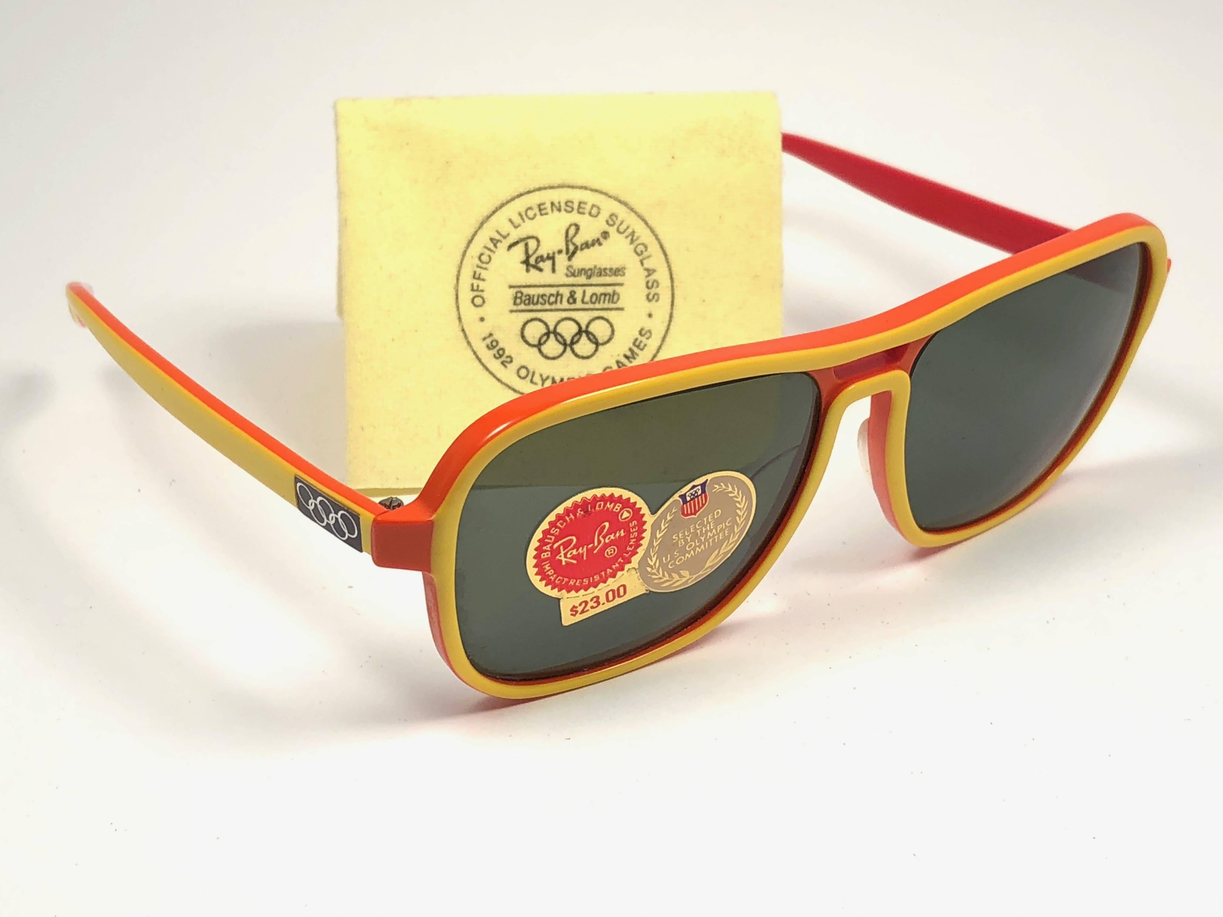 Mint Ray Ban Stateside in yellow and orange combination with G15 grey lenses with original Olympic stickers.


This pair may have minor sign of wear due to nearly 40 years of storage. 

Designed and Produced in USA.