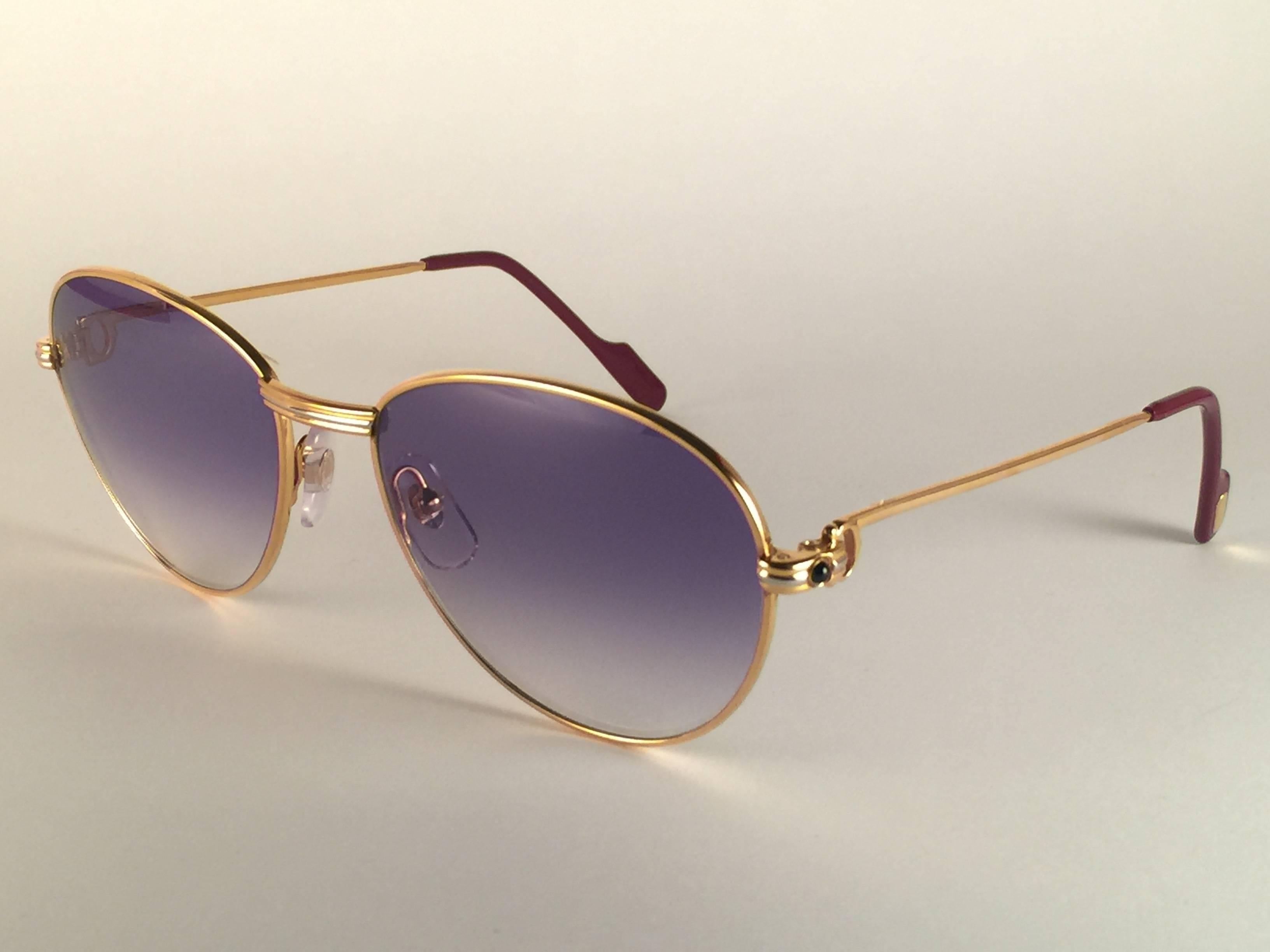 Women's or Men's Cartier Vintage Louis Sapphire 57mm Heavy Gold Plated Sunglasses, France