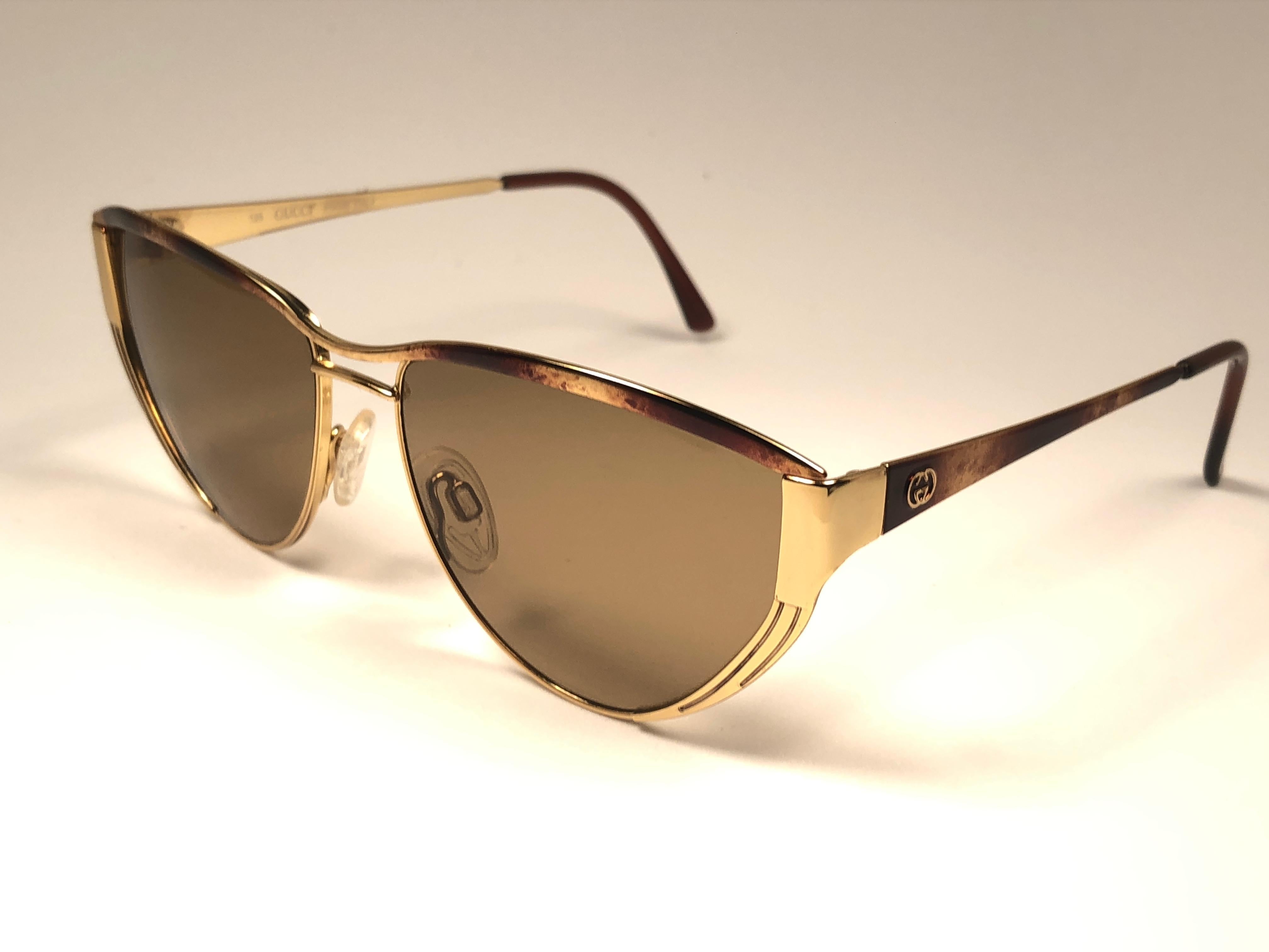 Brown New Vintage Gucci Tortortoise & Gold Sunglasses 1980's Made in Italy