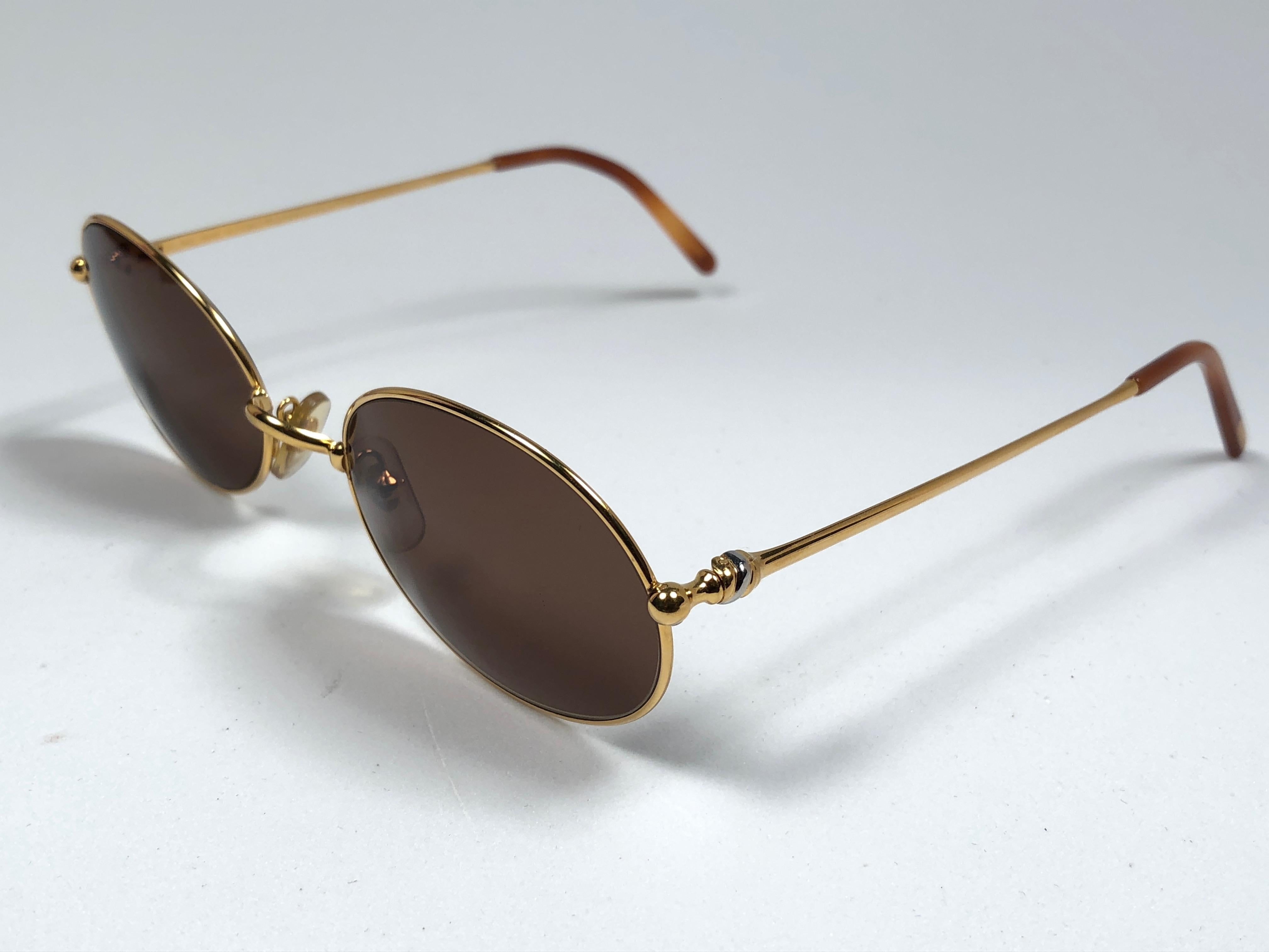 Women's or Men's Vintage Cartier Saturne Gold Plated Solid Brown Lens France 1990 Sunglasse