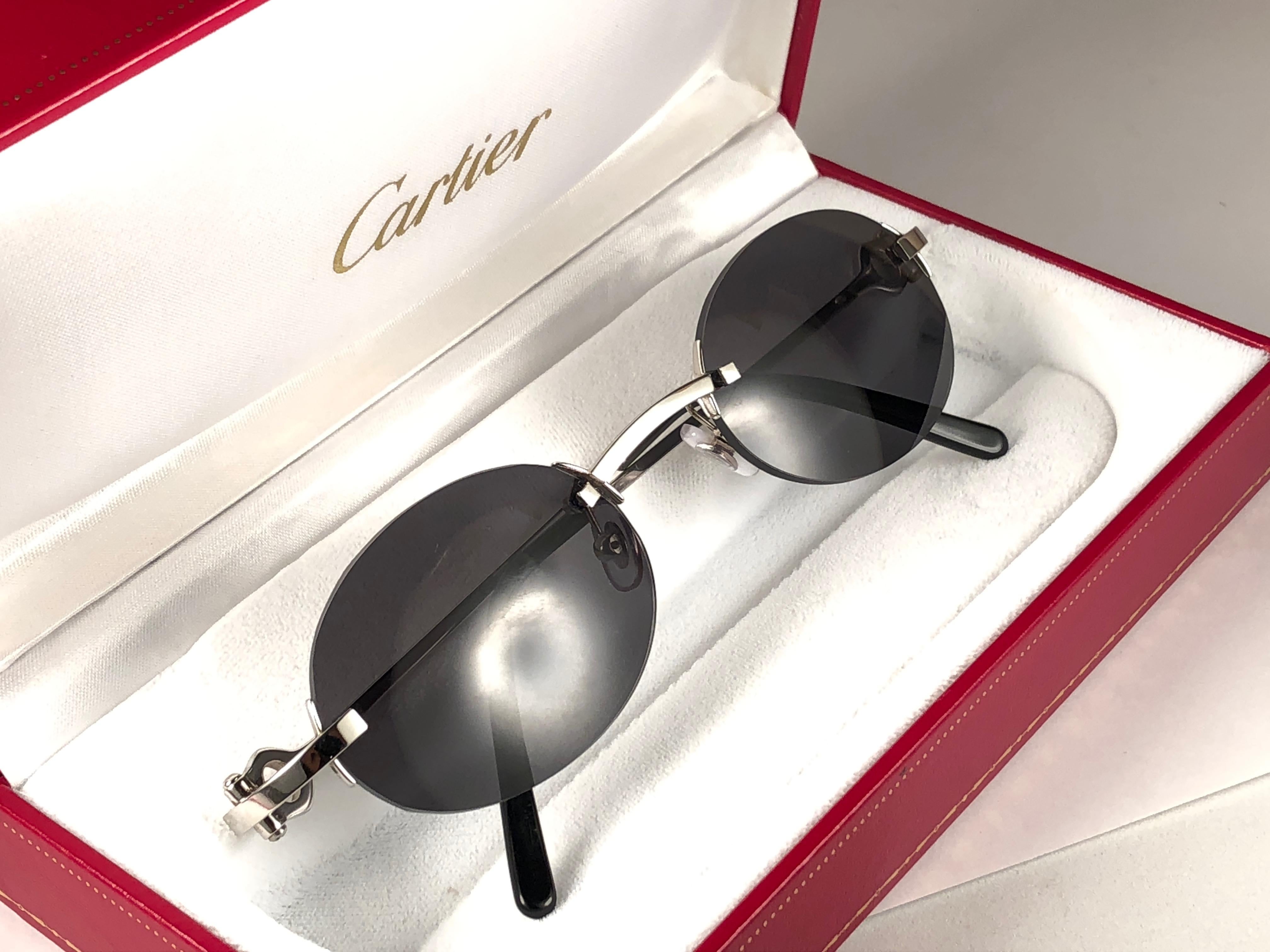 Gray New Vintage Cartier Shamal Platine Rimless Grey Lens Case France Sunglasses