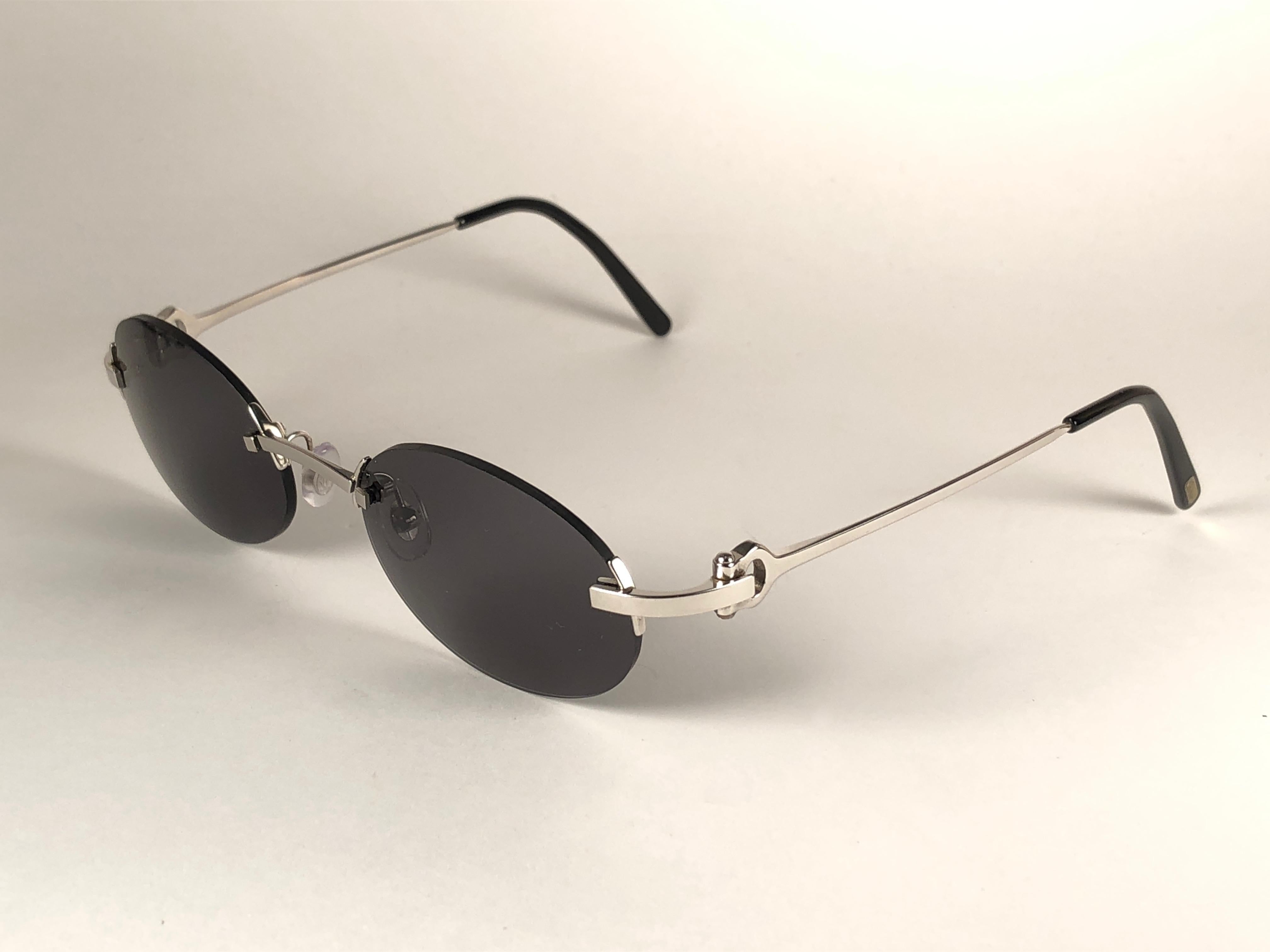 New Vintage Cartier Shamal Platine Rimless Grey Lens Case France Sunglasses 1