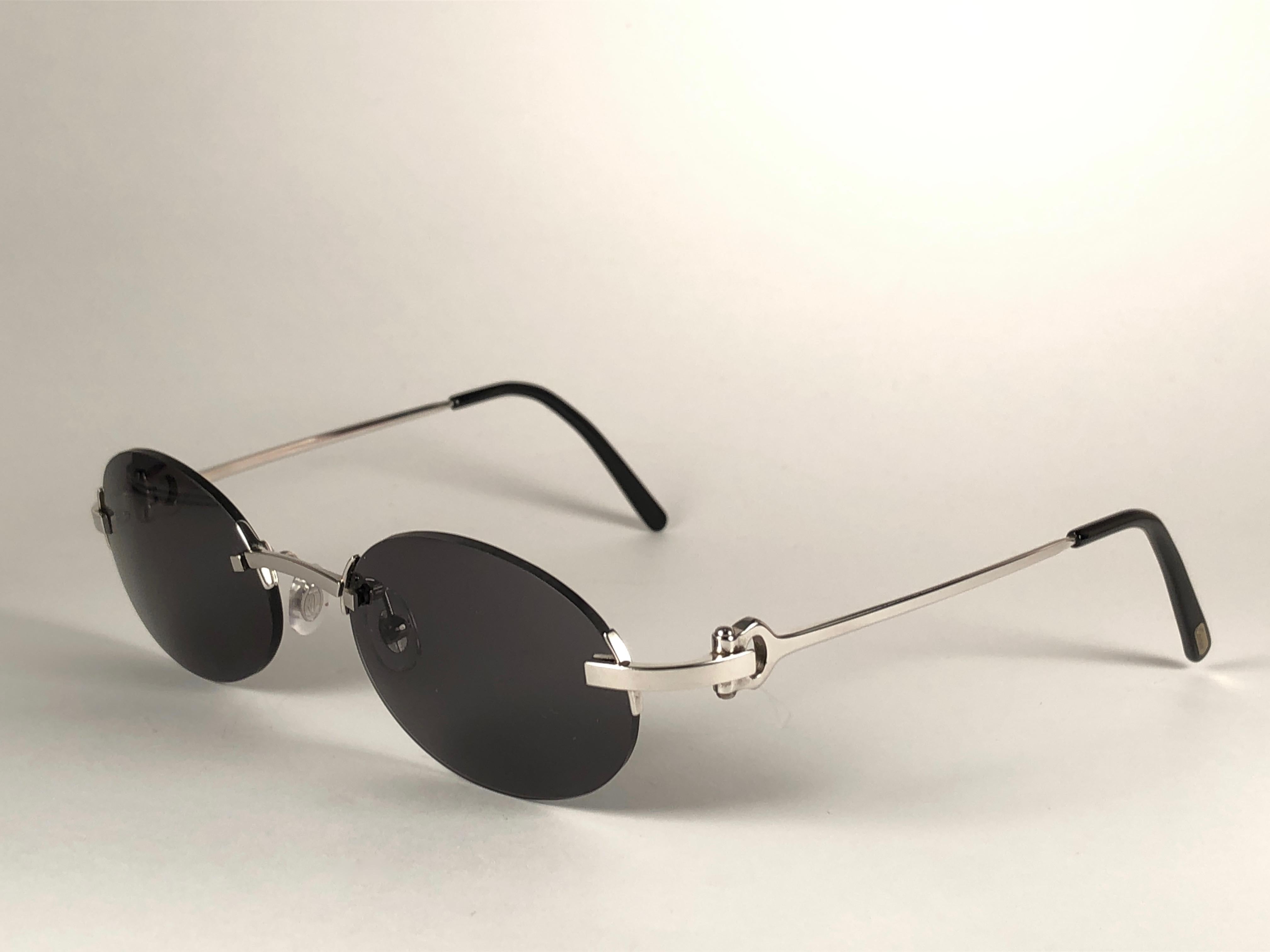 New Vintage Cartier Shamal Platine Rimless Grey Lens Case France Sunglasses 2