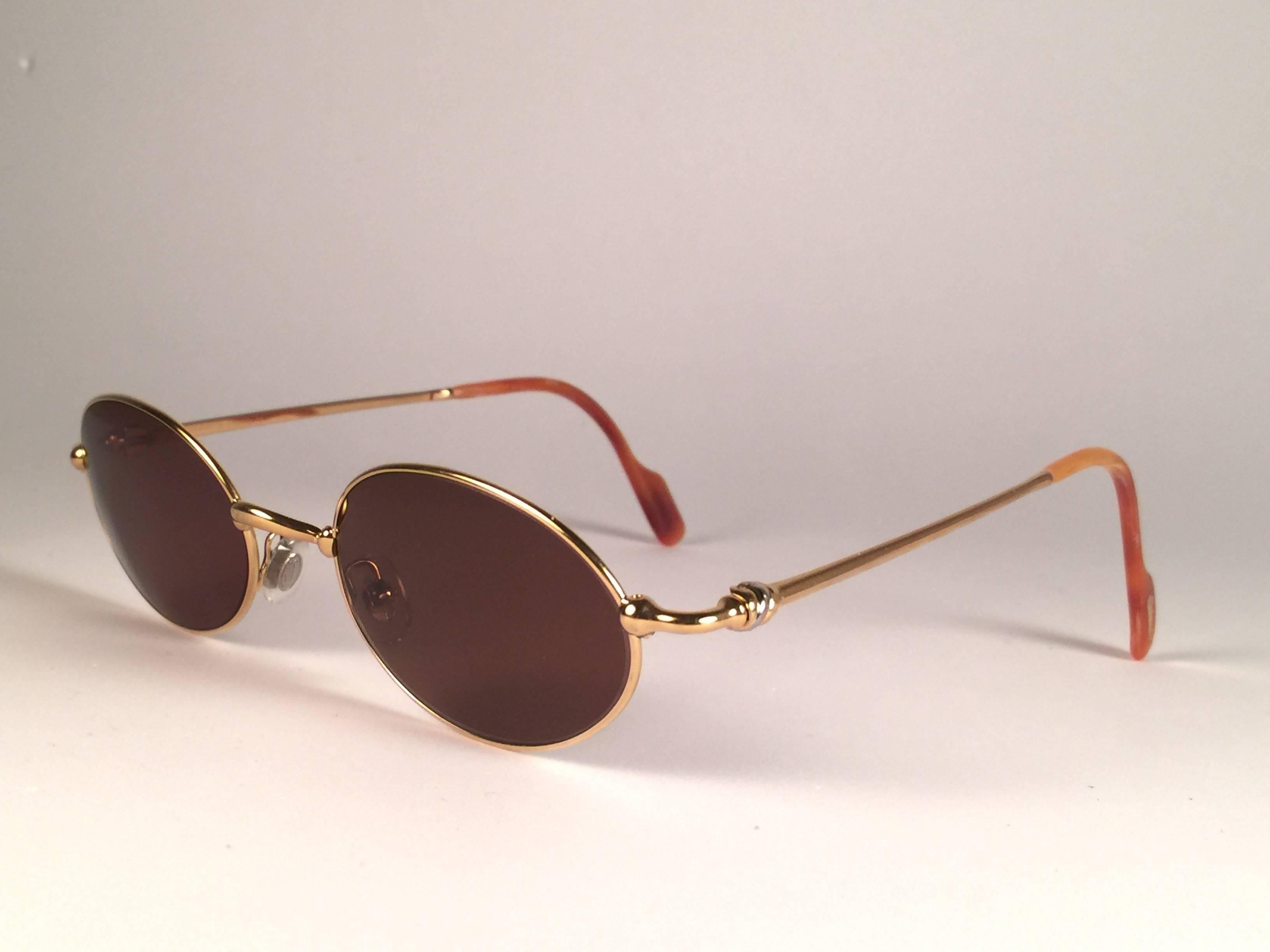 New Vintage Cartier Filao Gold Plated Solid Brown Lens France 1990 Sunglasses 1