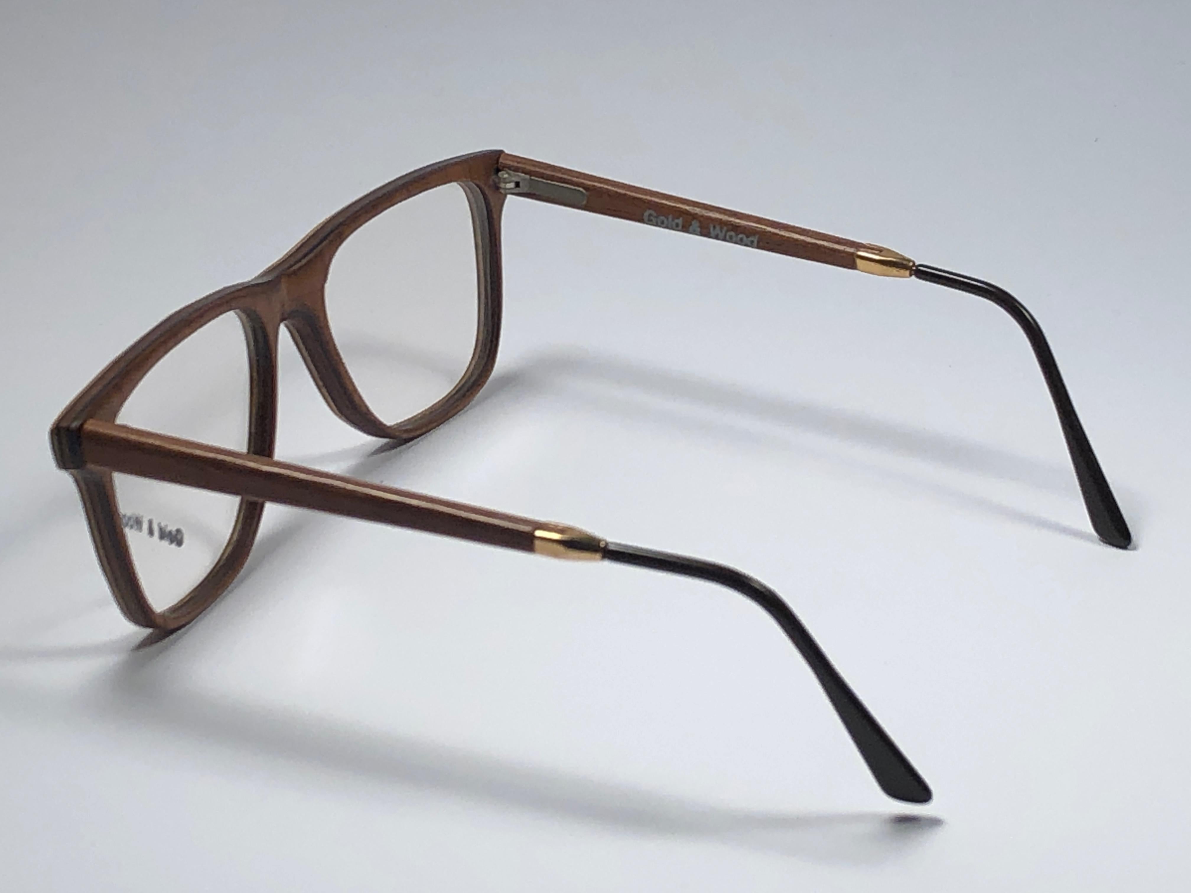 New Vintage Gold & Wood Square Genuine Sunglasses 1980's Made In France en vente 1
