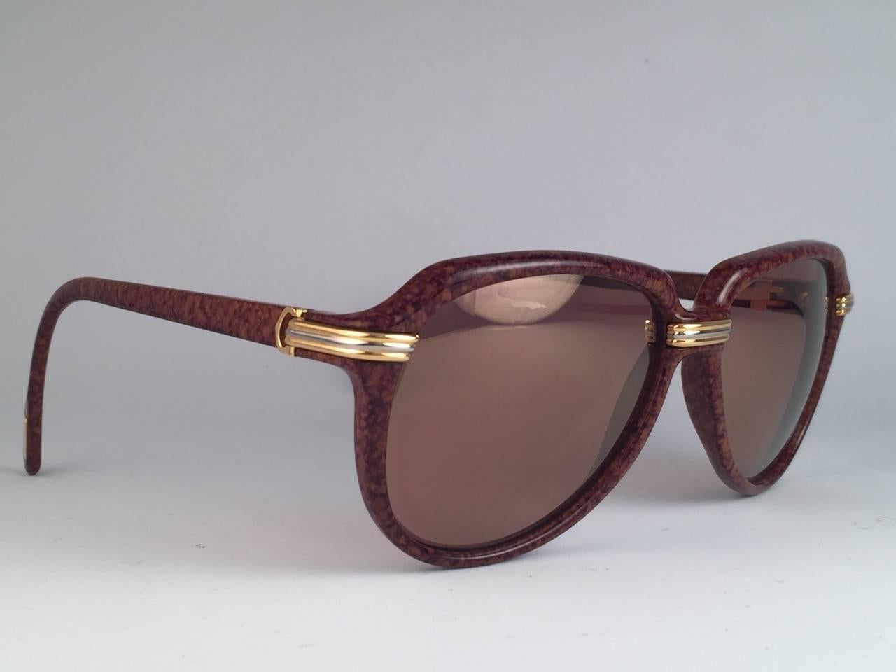 Women's or Men's Vintage Cartier Vitesse Brown Jaspe 58MM 18K Gold Plated Sunglasses France 