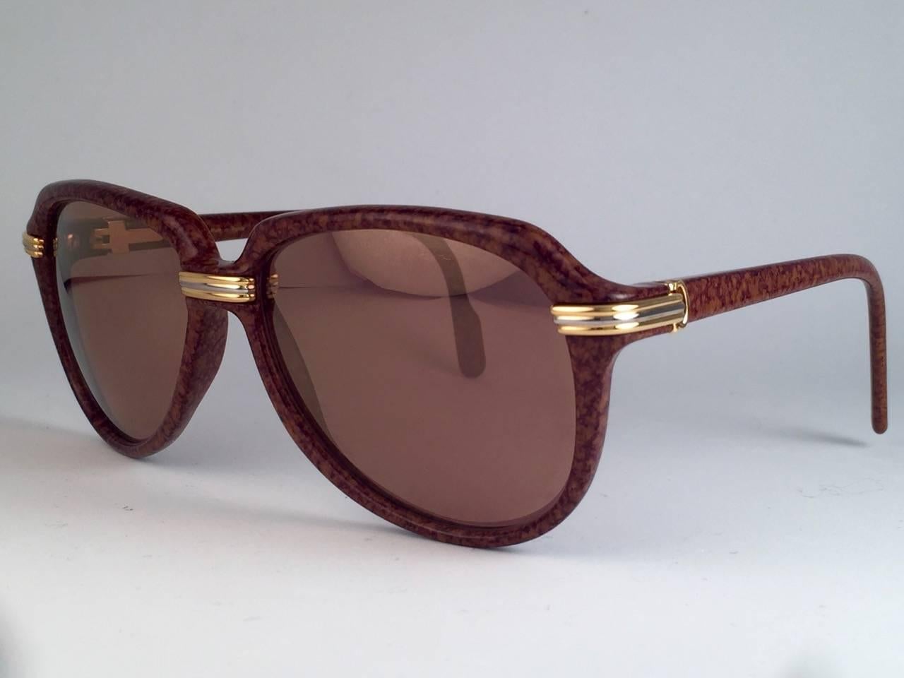 Vintage Cartier Vitesse Brown Jaspe 58MM 18K Gold Plated Sunglasses France  1