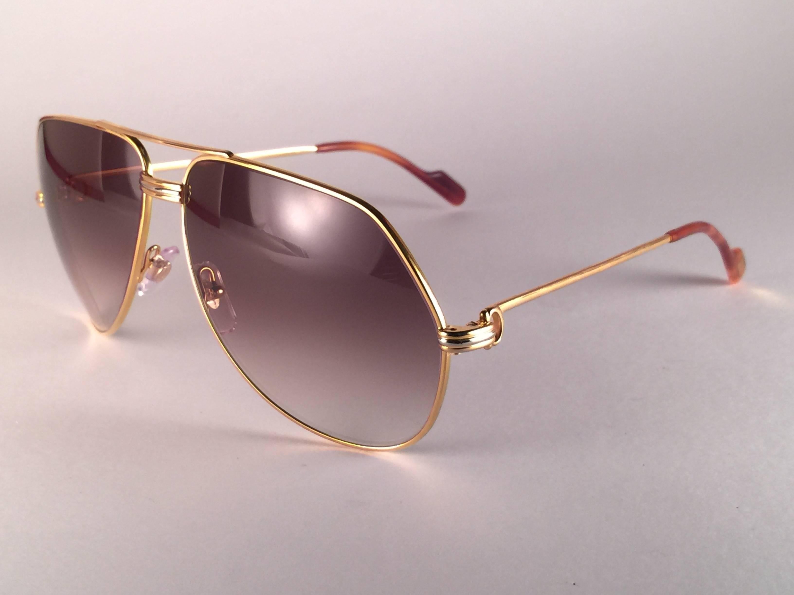 New Cartier Vendome Gold 59Mm Brown Lens Heavy Plated Sunglasses France In New Condition For Sale In Baleares, Baleares