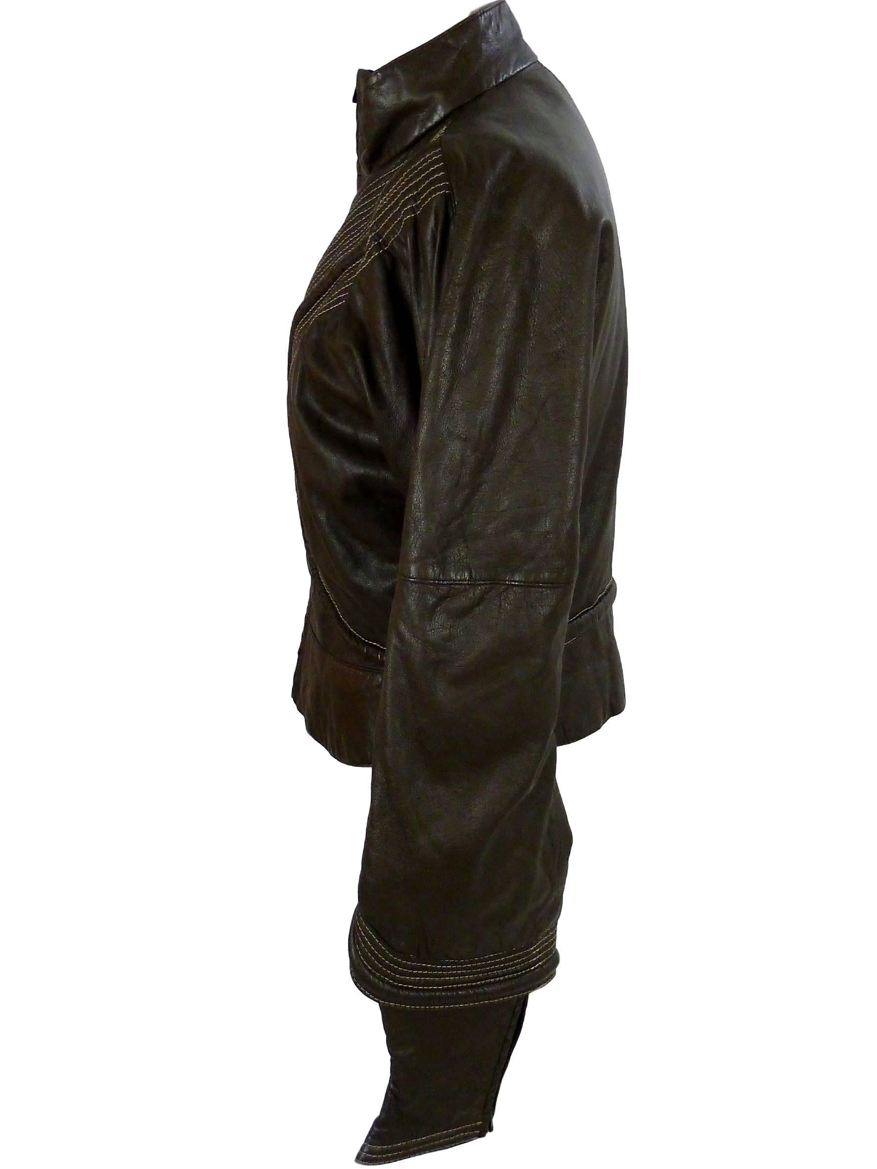 Black Gianfranco Ferrè vintage 1980s women's brown leather motorcycle jacket size 46 For Sale
