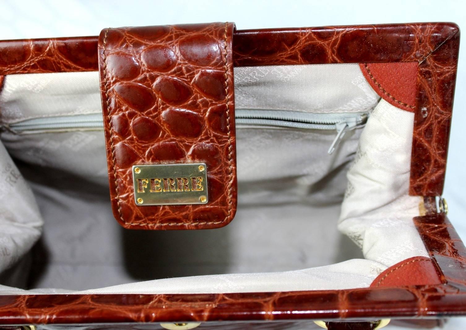 Gianfranco Ferrè Doctor Brown Calfskin Leather Croc Embossed Italian Hand Bag 4
