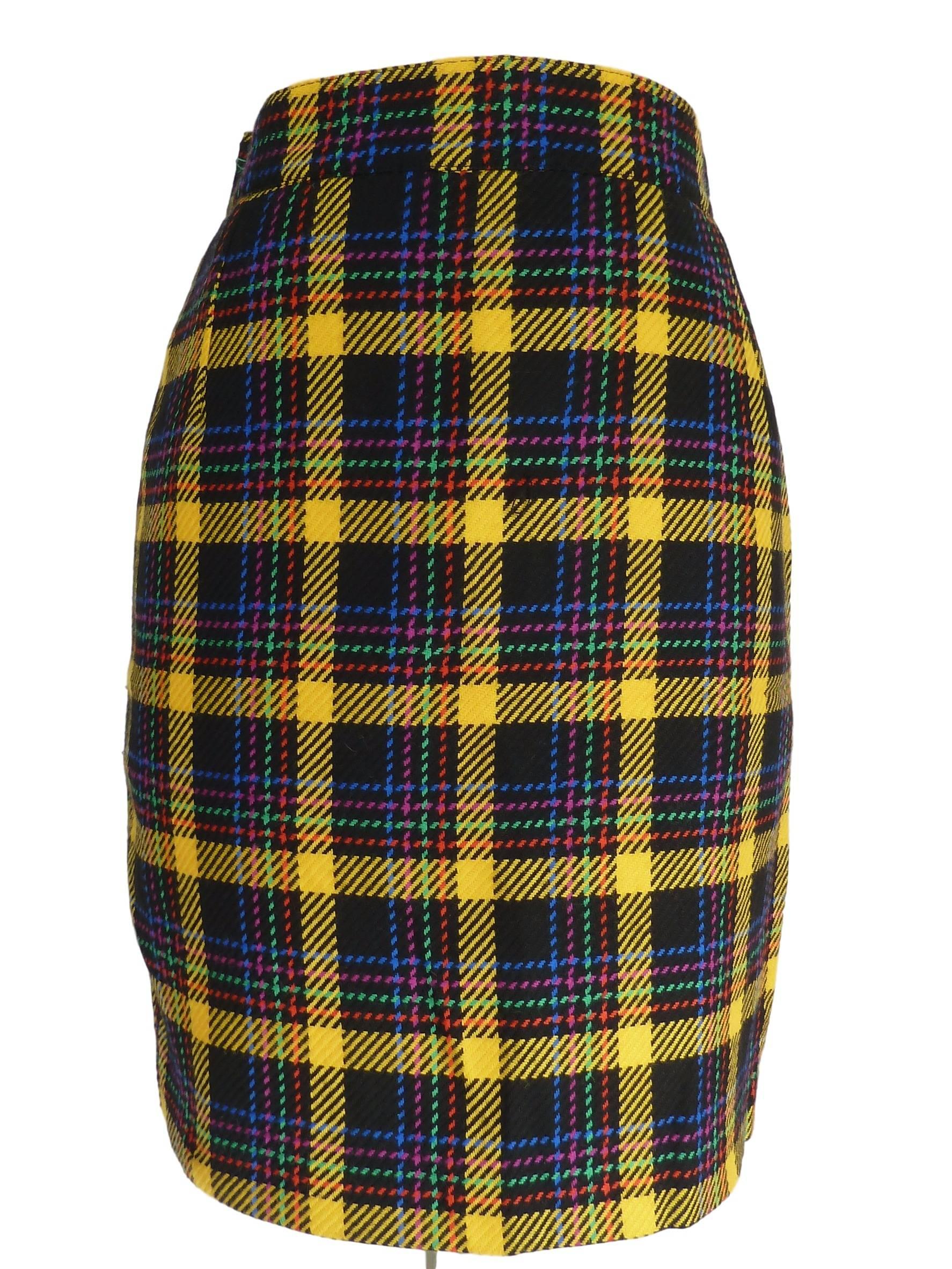Gai Mattiolo 1980s set dress jacket skirt wool boucle check yellow blue size 42 3