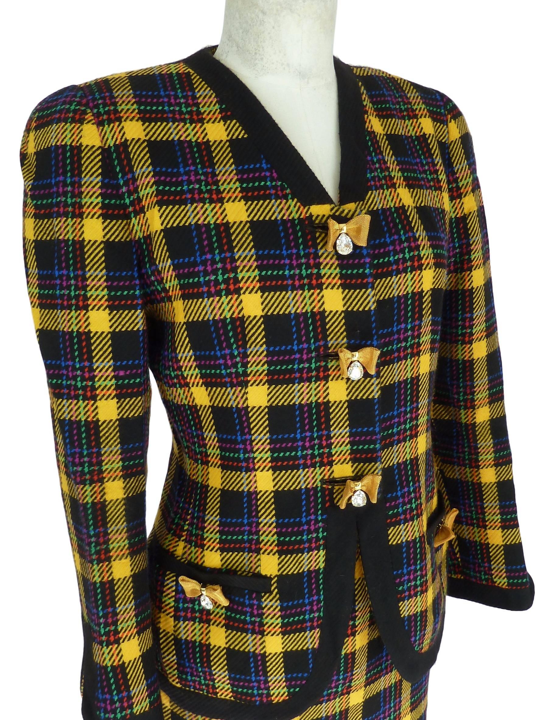 Black Gai Mattiolo 1980s set dress jacket skirt wool boucle check yellow blue size 42