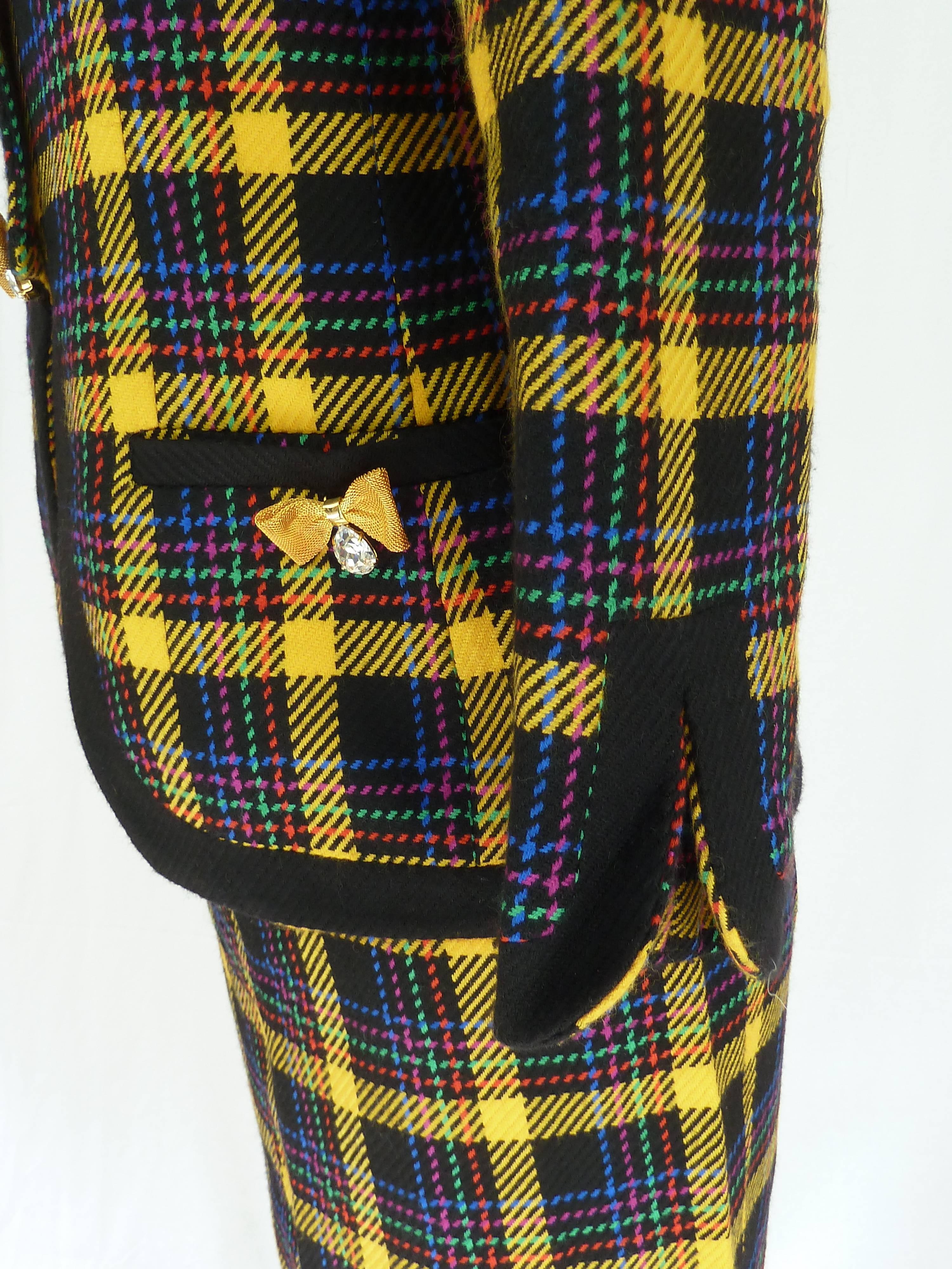 Gai Mattiolo 1980s set dress jacket skirt wool boucle check yellow blue size 42 1