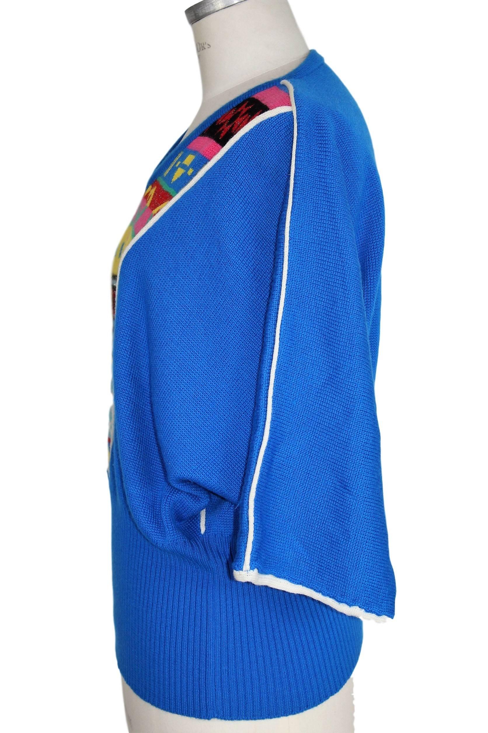 Pierre Cardin Paris Batwing Blue V-Neck Sweater, 1980 For Sale 1