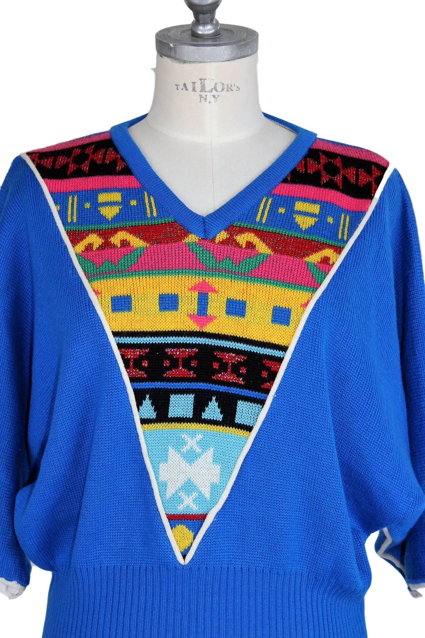 Pierre Cardin Paris Batwing Blue V-Neck Sweater, 1980 For Sale 2
