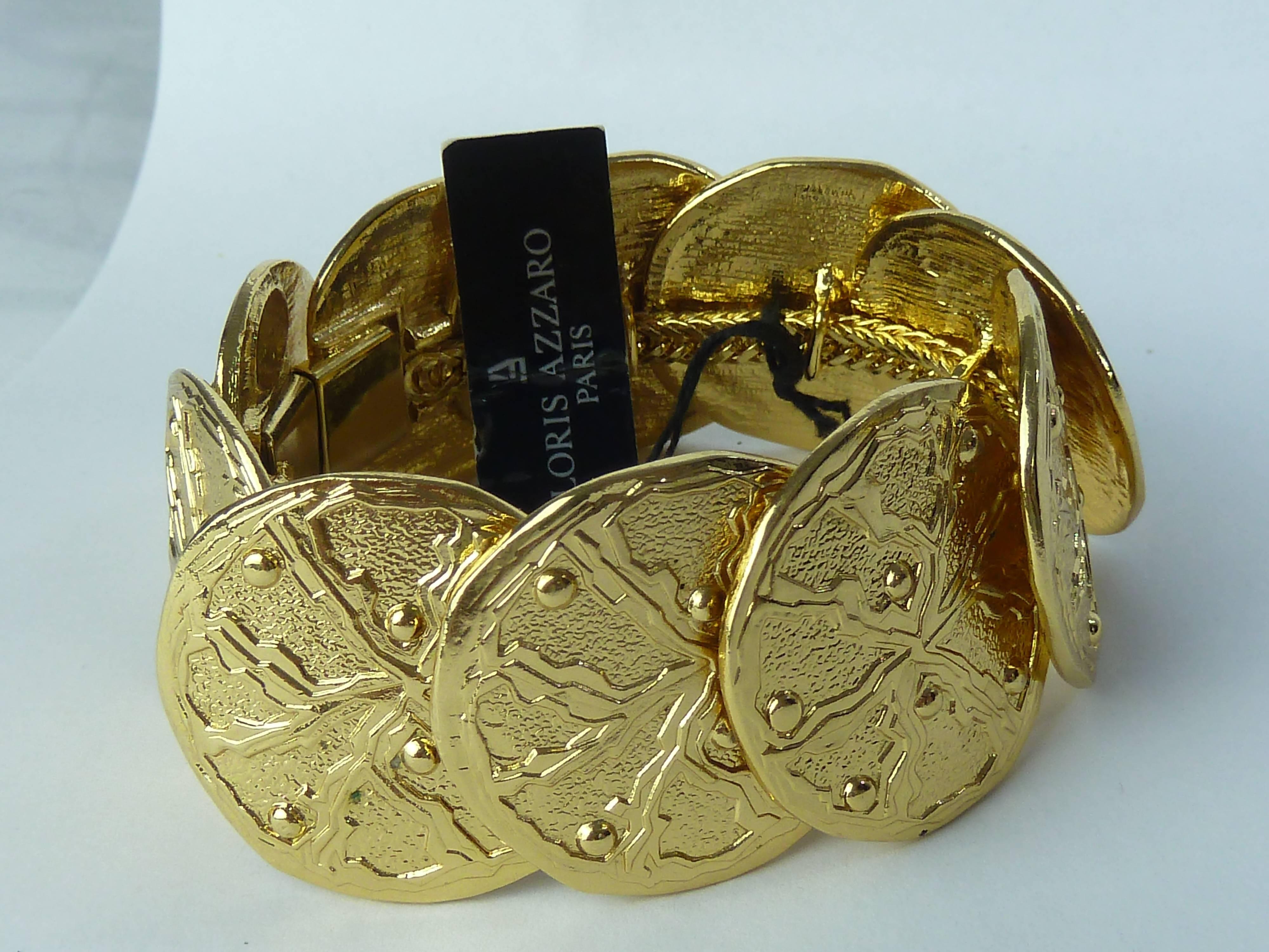 Art Nouveau Loris Azzaro Bracelet Golden Metal Costume Jewerly Inlaid Multi Round Medallions For Sale