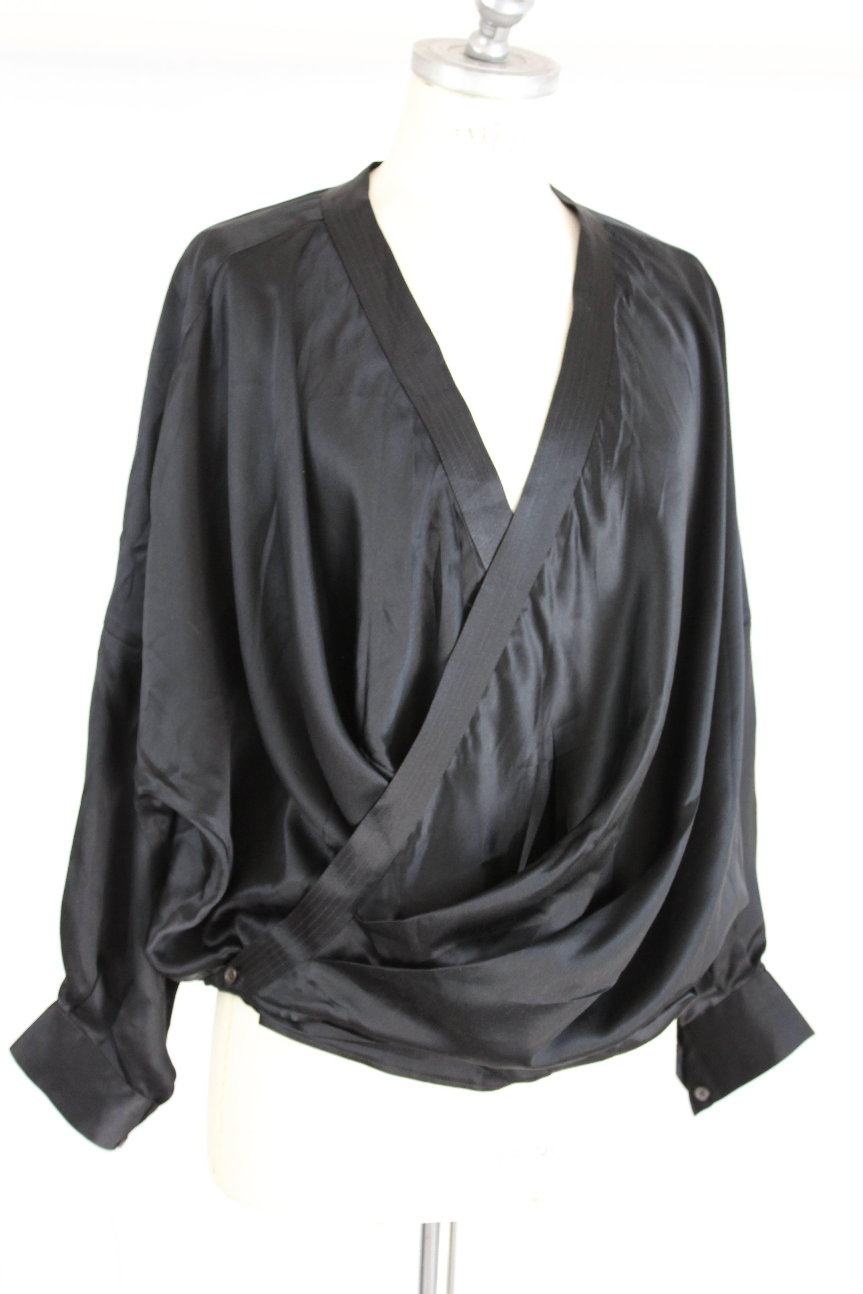 Women's 1980s Gianfranco Ferrè Black Silk Surplice Draped Shirt