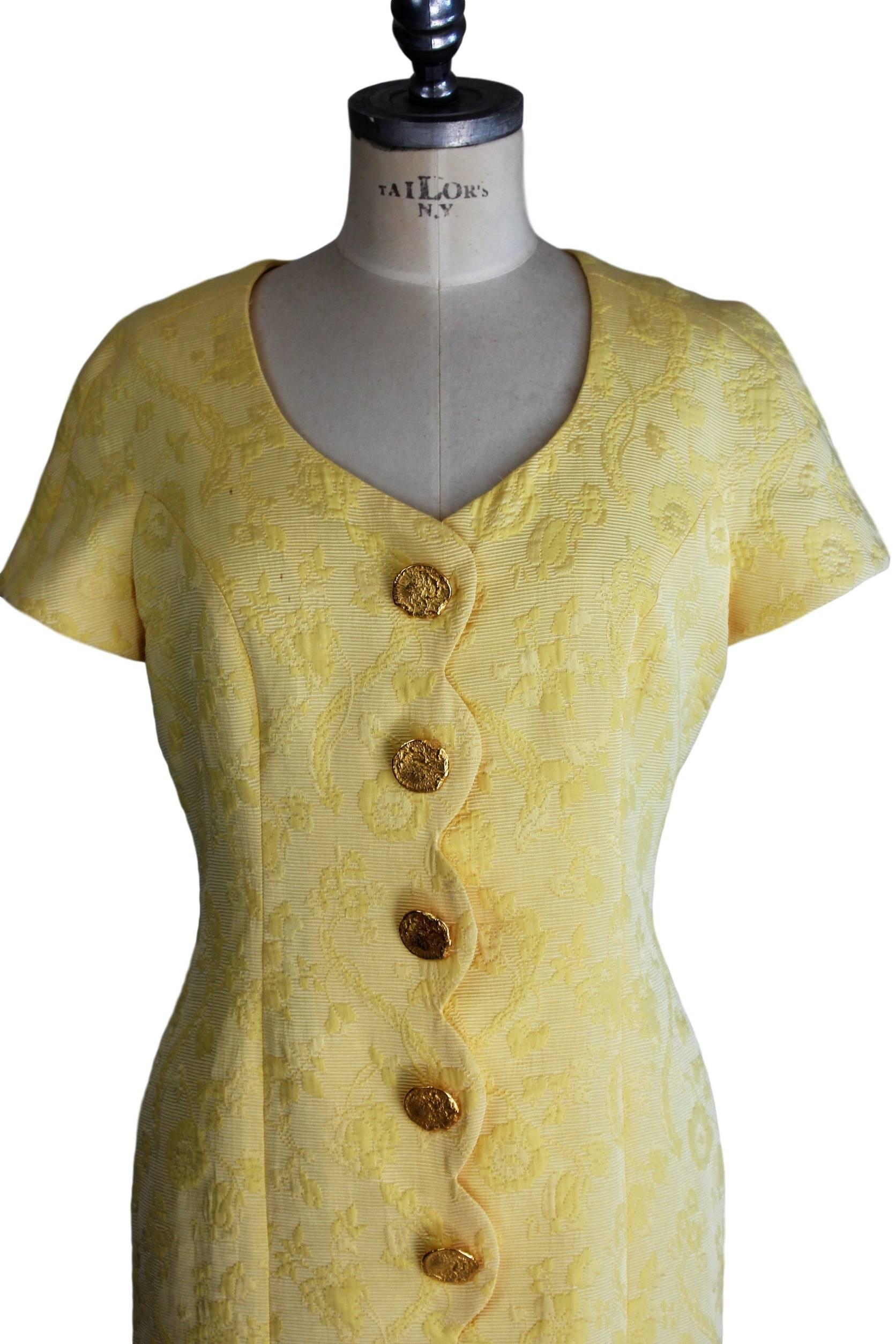 1970s Frank Usher Yellow Cotton Blend Tunic Dress Floral Embossed  For Sale 1