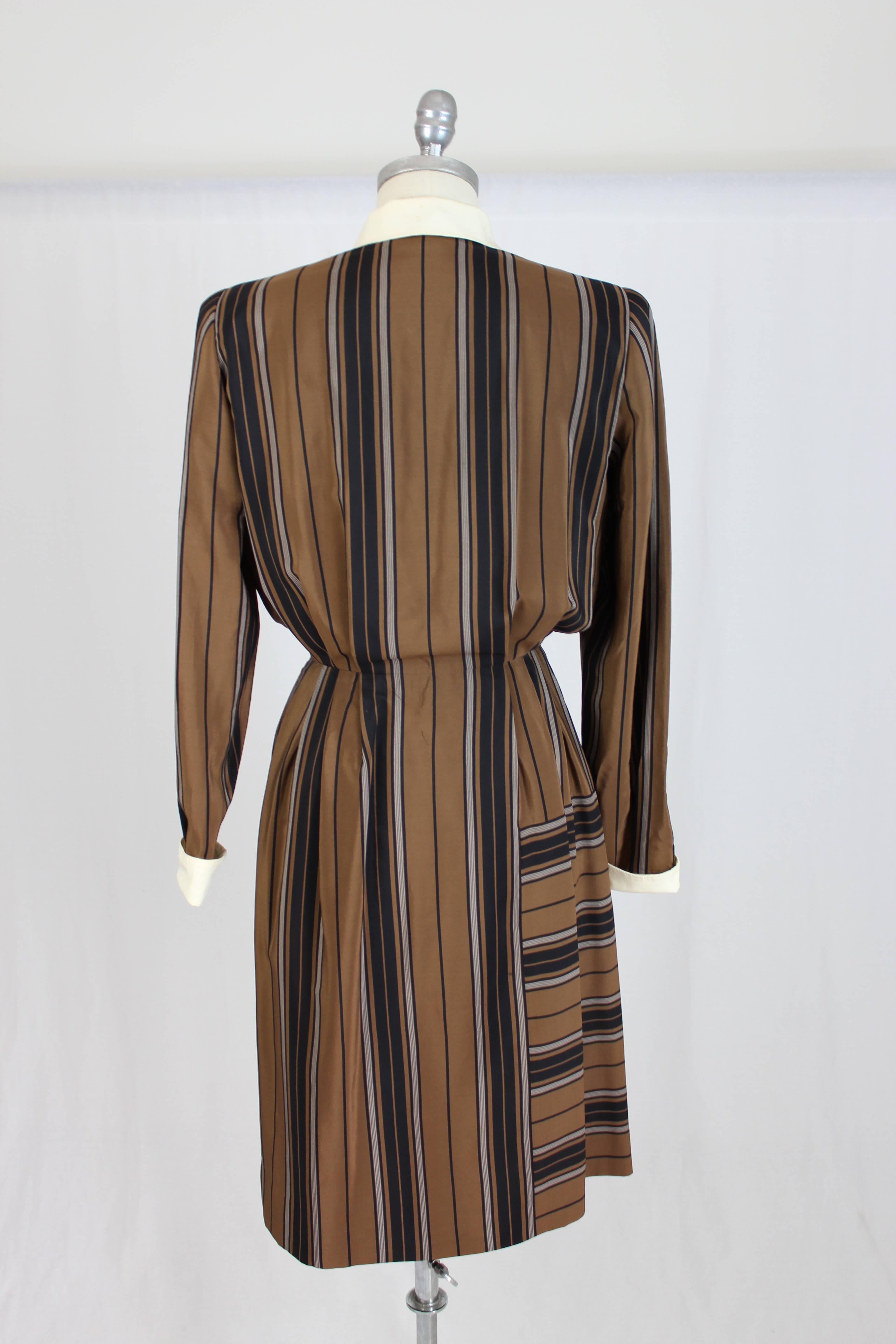 Women's 1980s Salvatore Ferragamo Brown and Black Silk Empire Waist Dress