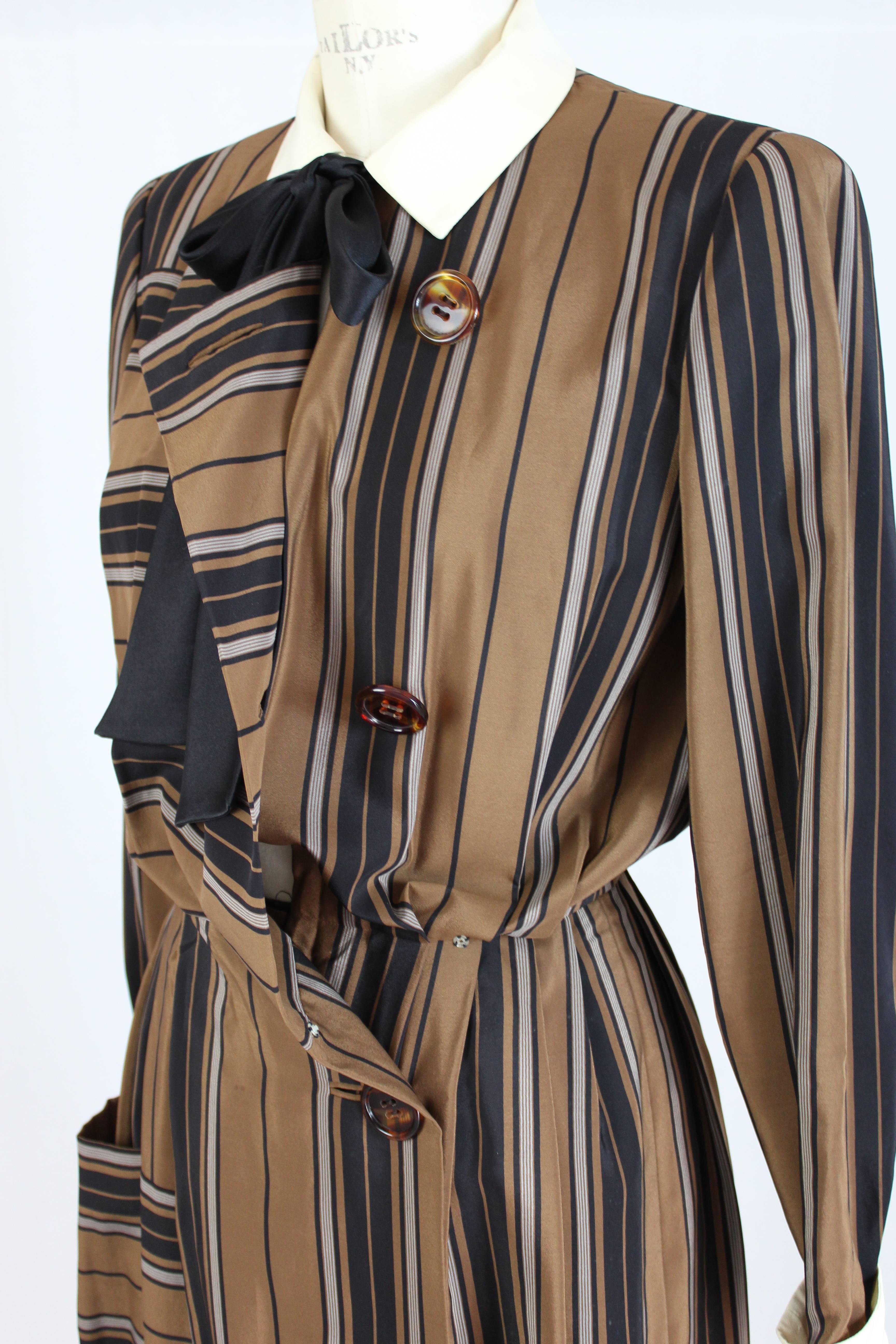 1980s Salvatore Ferragamo Brown and Black Silk Empire Waist Dress 3