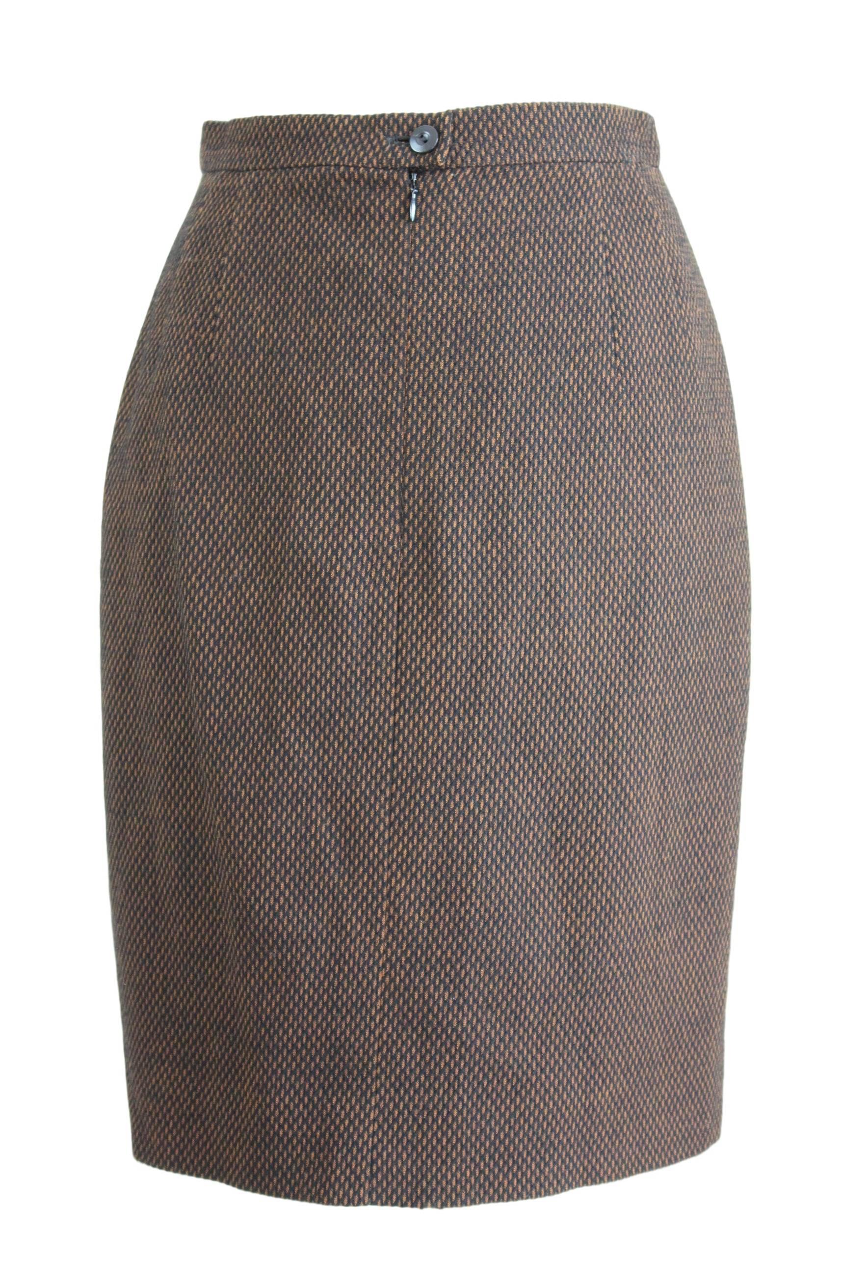 Gray 1980s Escada By Margaretha Ley Brown & Black Pique Wool Pencil Skirt  For Sale