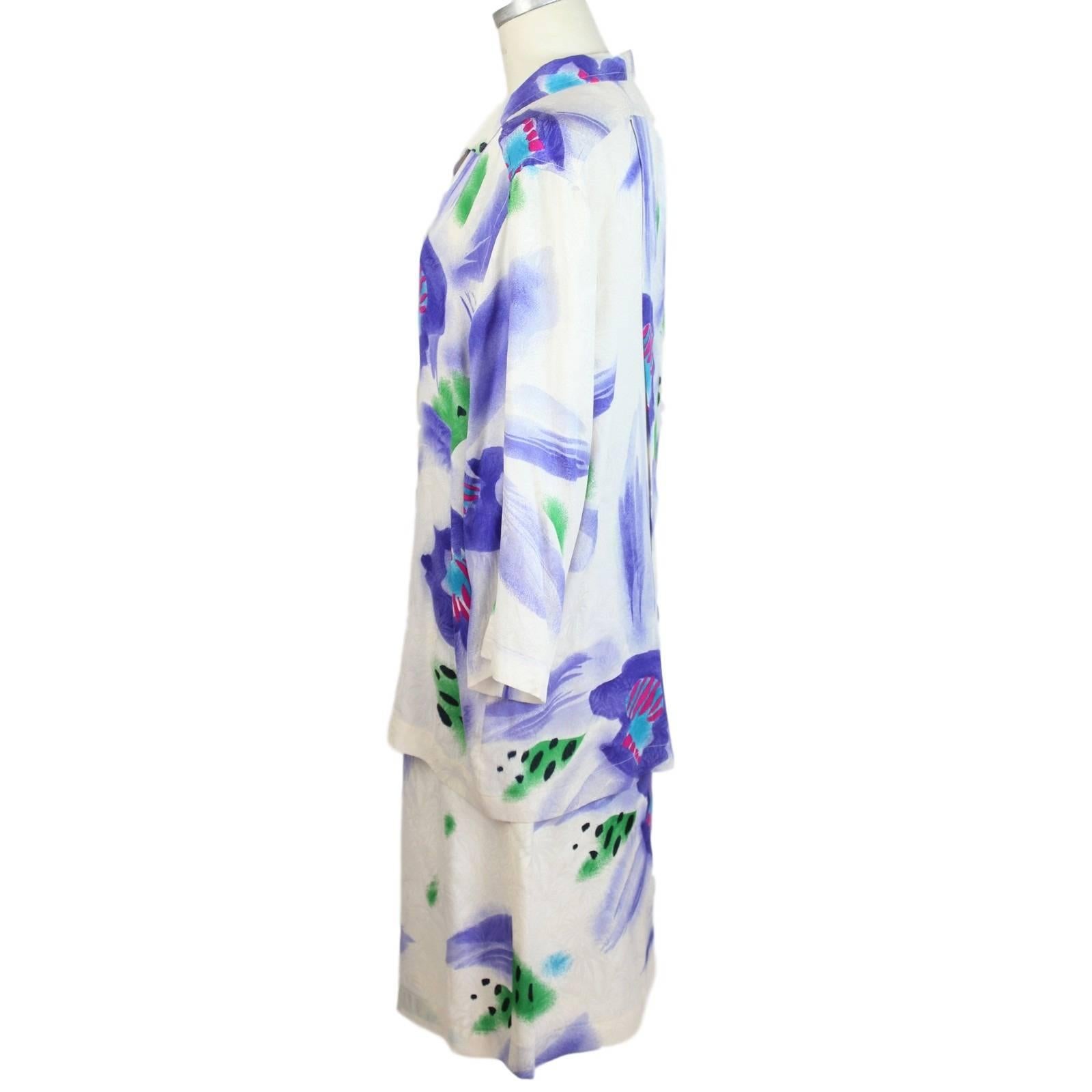 Gray 1980s Enrico Coveri white satin silk skirt suit floral dress For Sale
