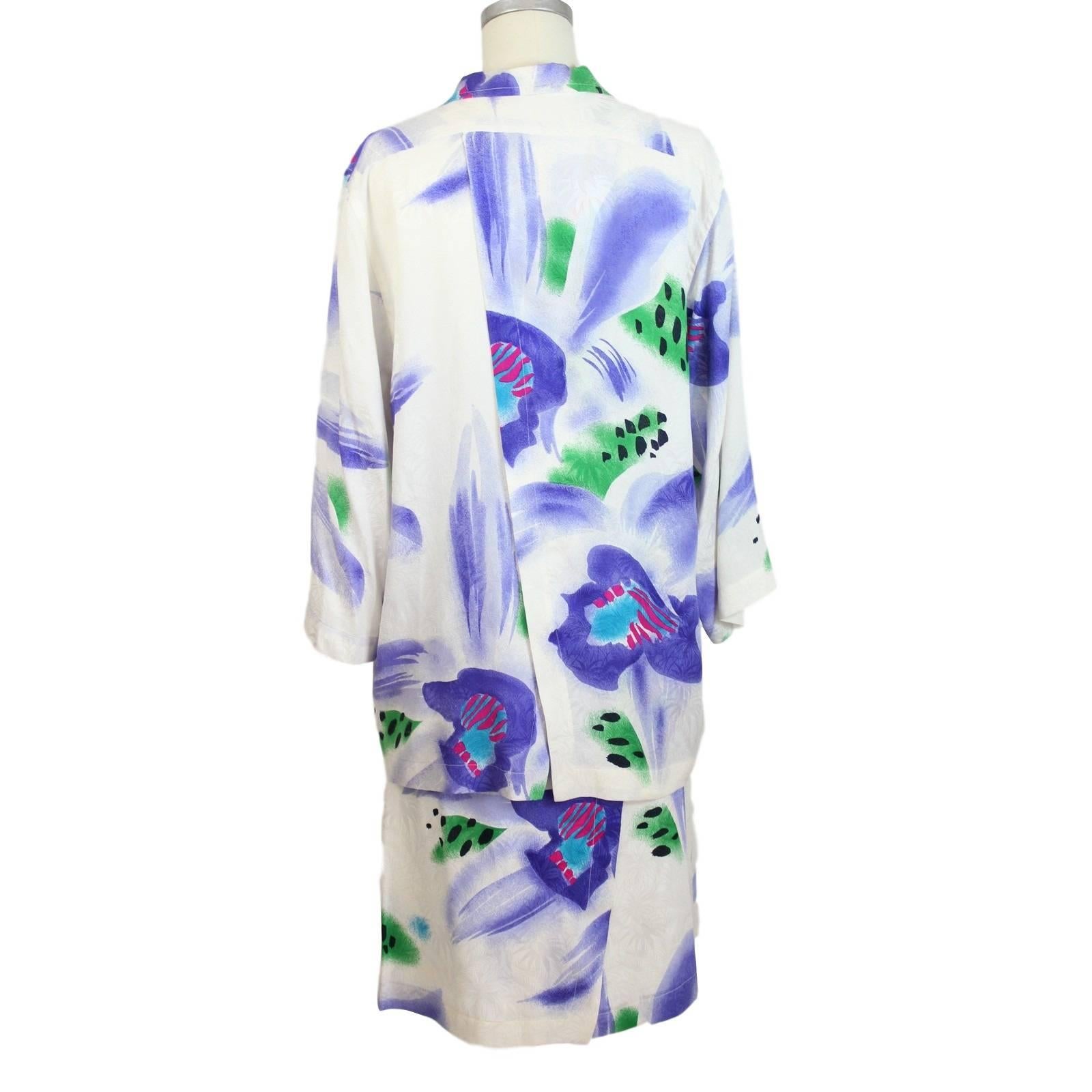 1980s Enrico Coveri white satin silk skirt suit floral dress For Sale 1