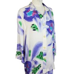 1980s Enrico Coveri white satin silk skirt suit floral dress