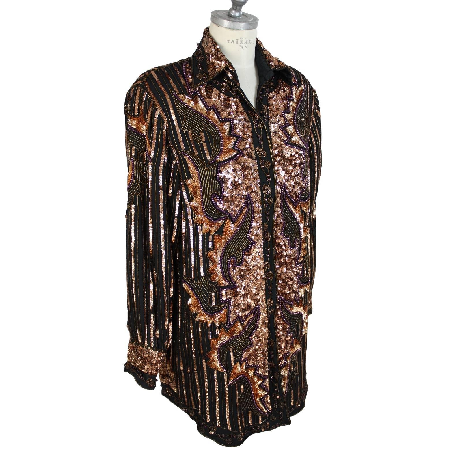 Black 1980s Artisanal Italian Bronze Paillettes Sequins Blouse Shirt For Sale