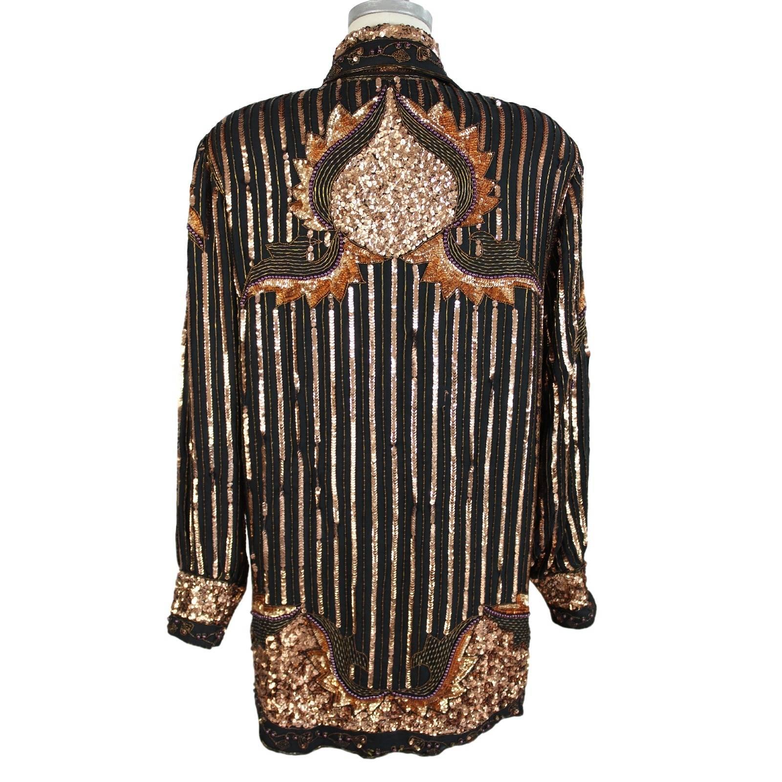1980s Artisanal Italian Bronze Paillettes Sequins Blouse Shirt In Excellent Condition For Sale In Brindisi, IT