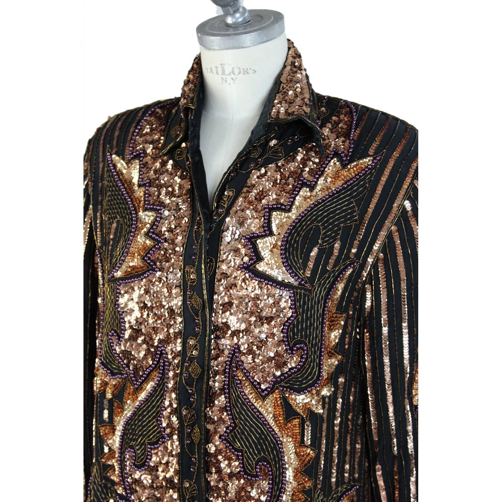 Women's 1980s Artisanal Italian Bronze Paillettes Sequins Blouse Shirt For Sale