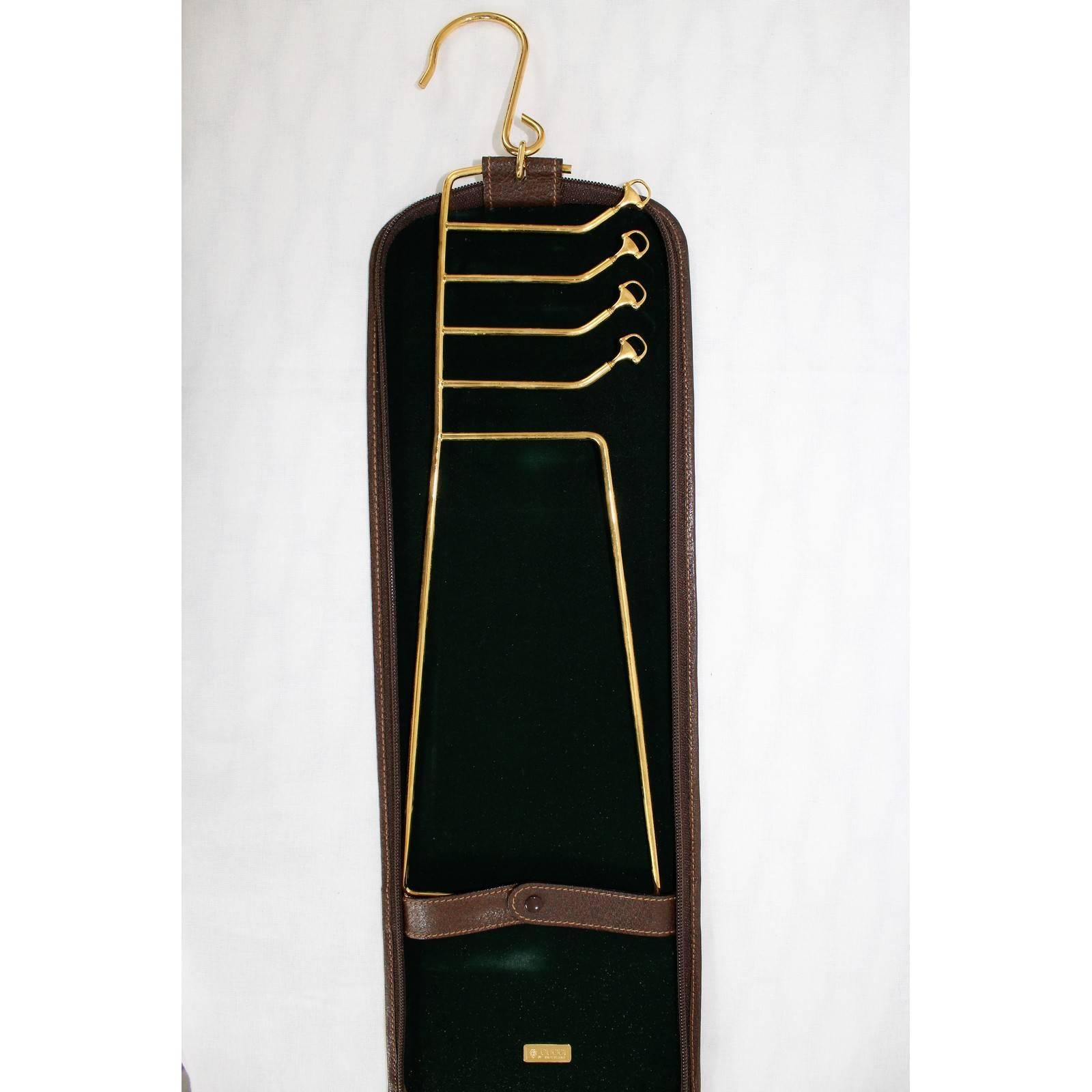 Gray Gucci 1980s Brown Travel Tie Case Bag Luggage Gold original case Bit Hanger