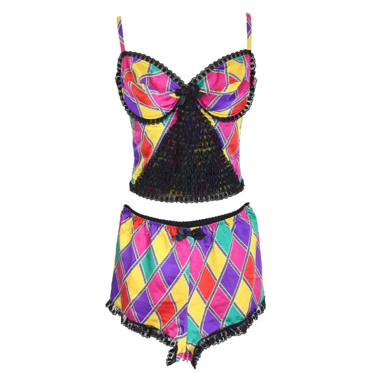 Moschino lingerie harlequin silk and lace culotte and bra vintage 1980s  multicolor at 1stDibs | harlequin negligee, harlequin lingerie, moschino  bra festival